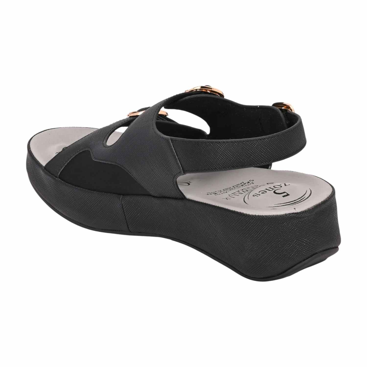 Women Black Platform Sandal with Dual Buckle Straps and Back Strap