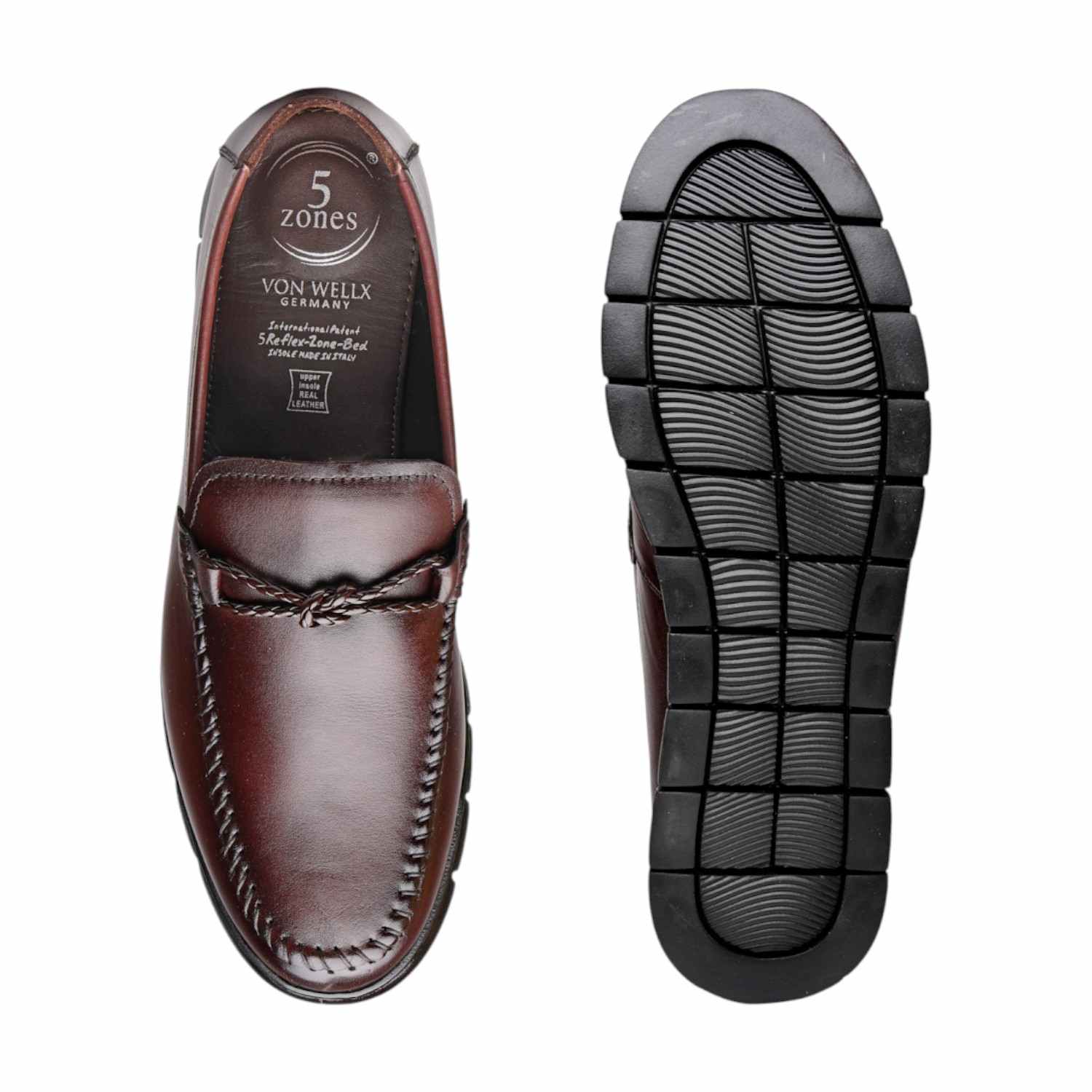 Men Wine Red Leather Loafers with 5-Zone Reflex-Zone-Bed