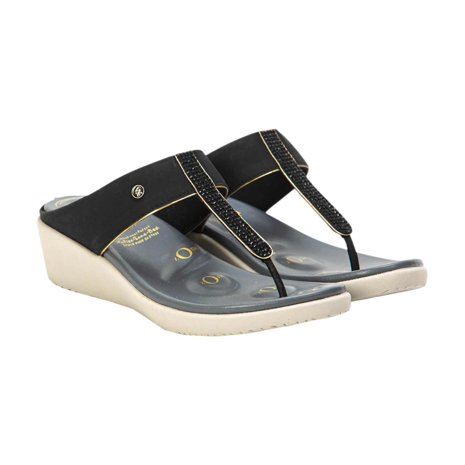 Women Black Embellished Wedge Thong Sandals
