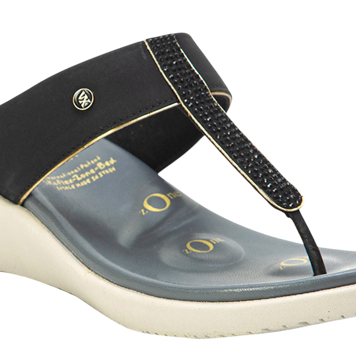 Women Black Embellished Wedge Thong Sandals