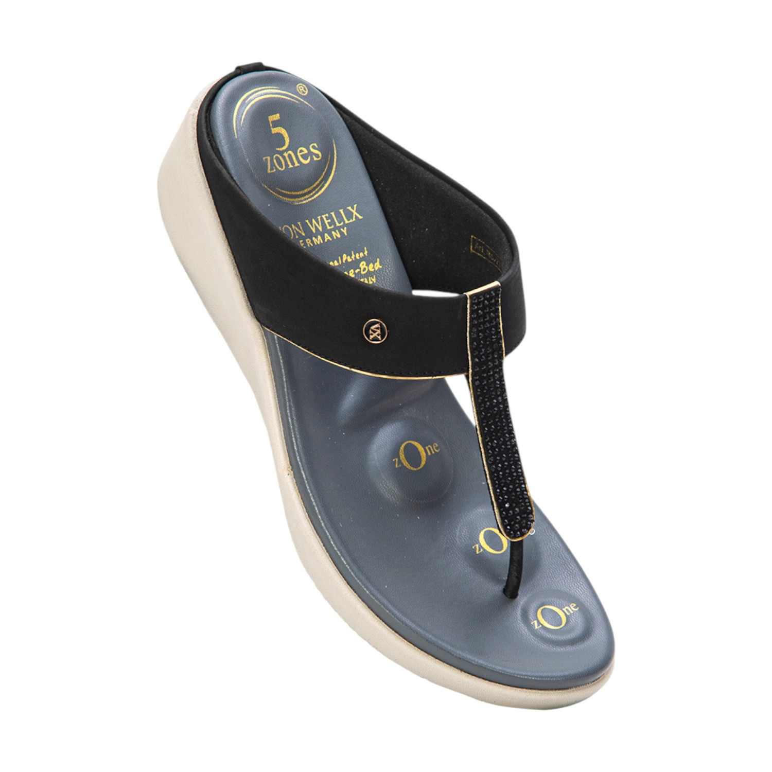 Women Black Embellished Wedge Thong Sandals