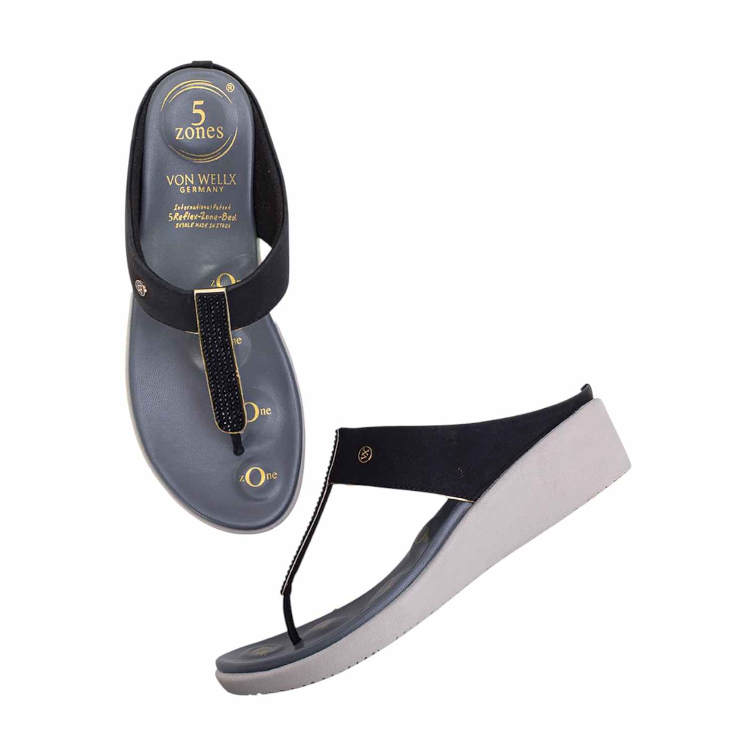 Women Black Embellished Wedge Thong Sandals