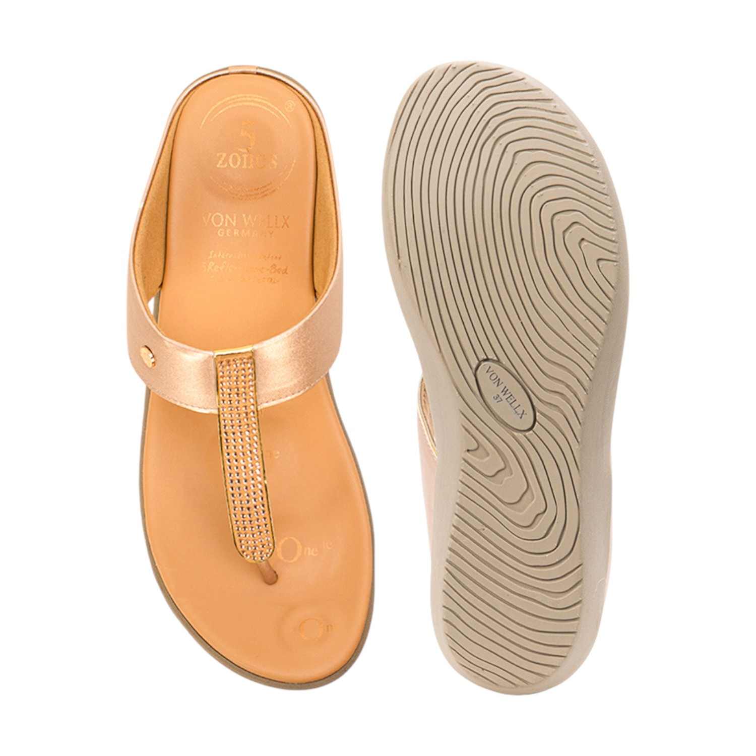 Women Rose Gold / Gold Embellished Wedge Thong Sandals