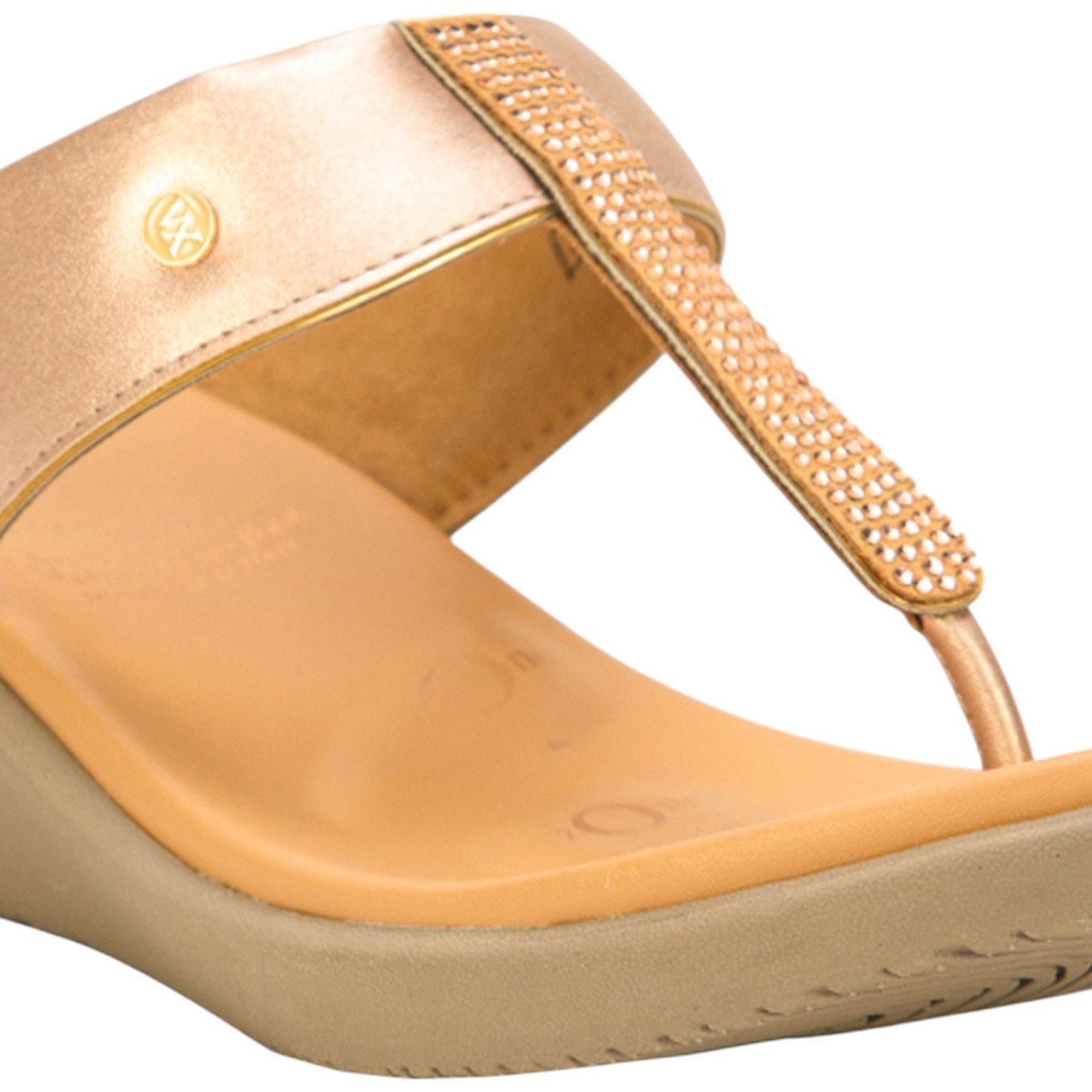 Women Rose Gold / Gold Embellished Wedge Thong Sandals