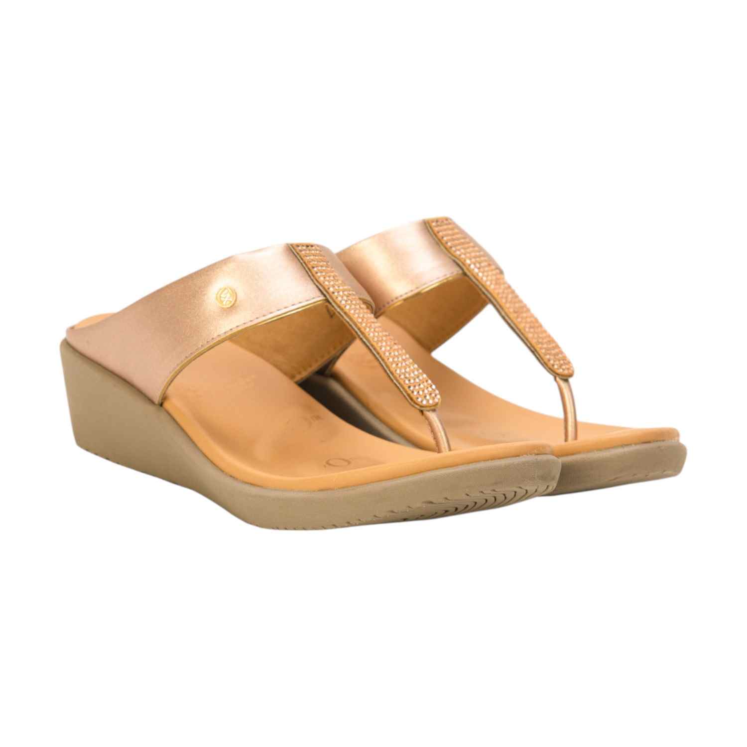 Women Rose Gold / Gold Embellished Wedge Thong Sandals