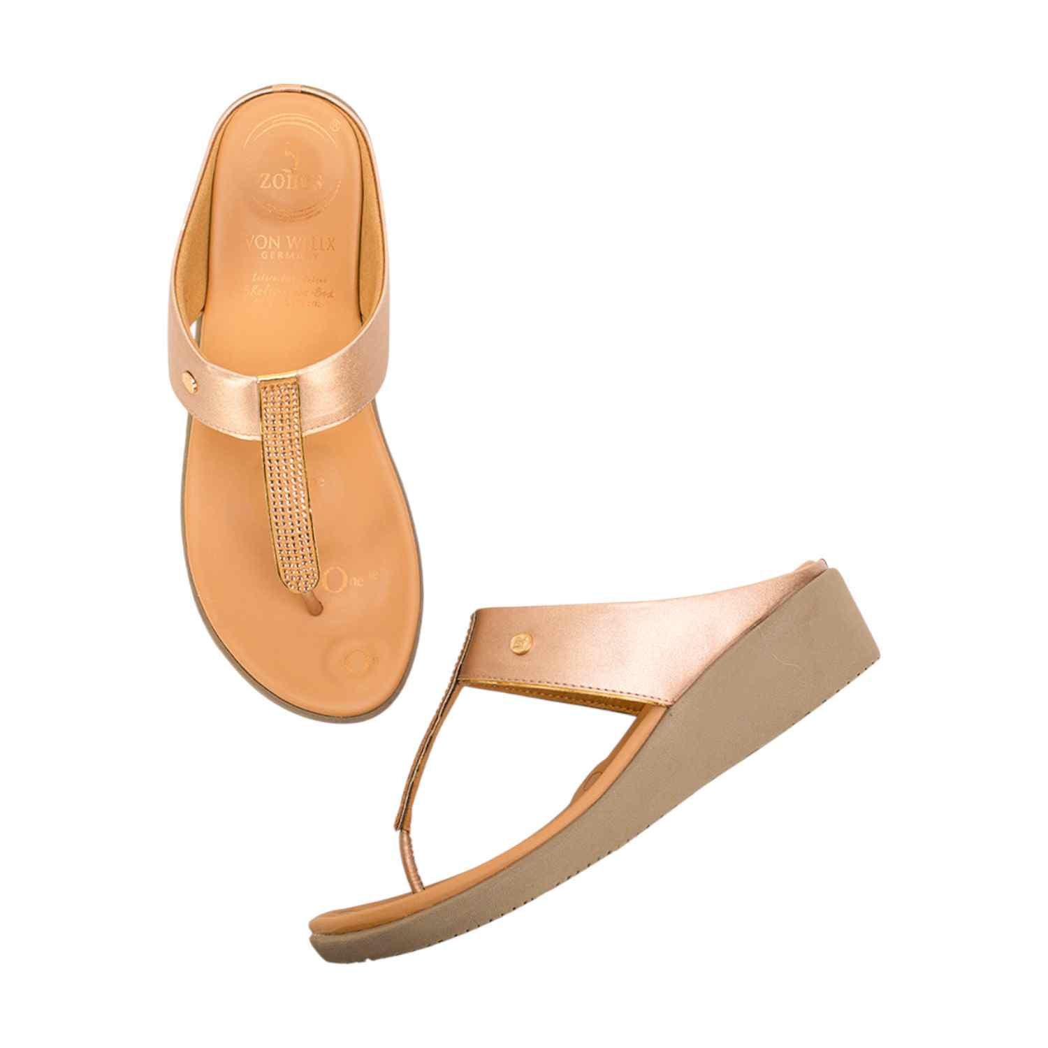 Women Rose Gold / Gold Embellished Wedge Thong Sandals