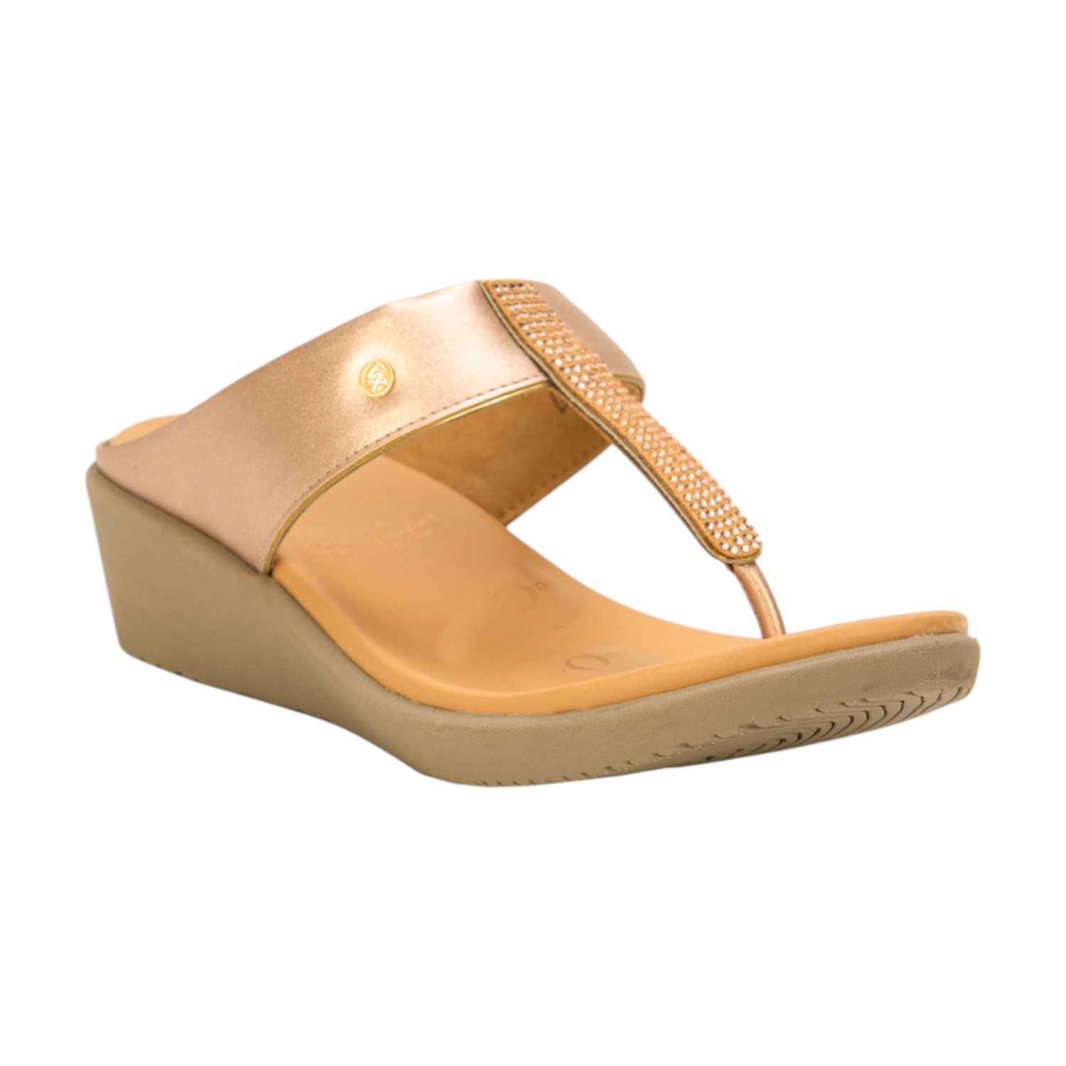 Women Rose Gold / Gold Embellished Wedge Thong Sandals