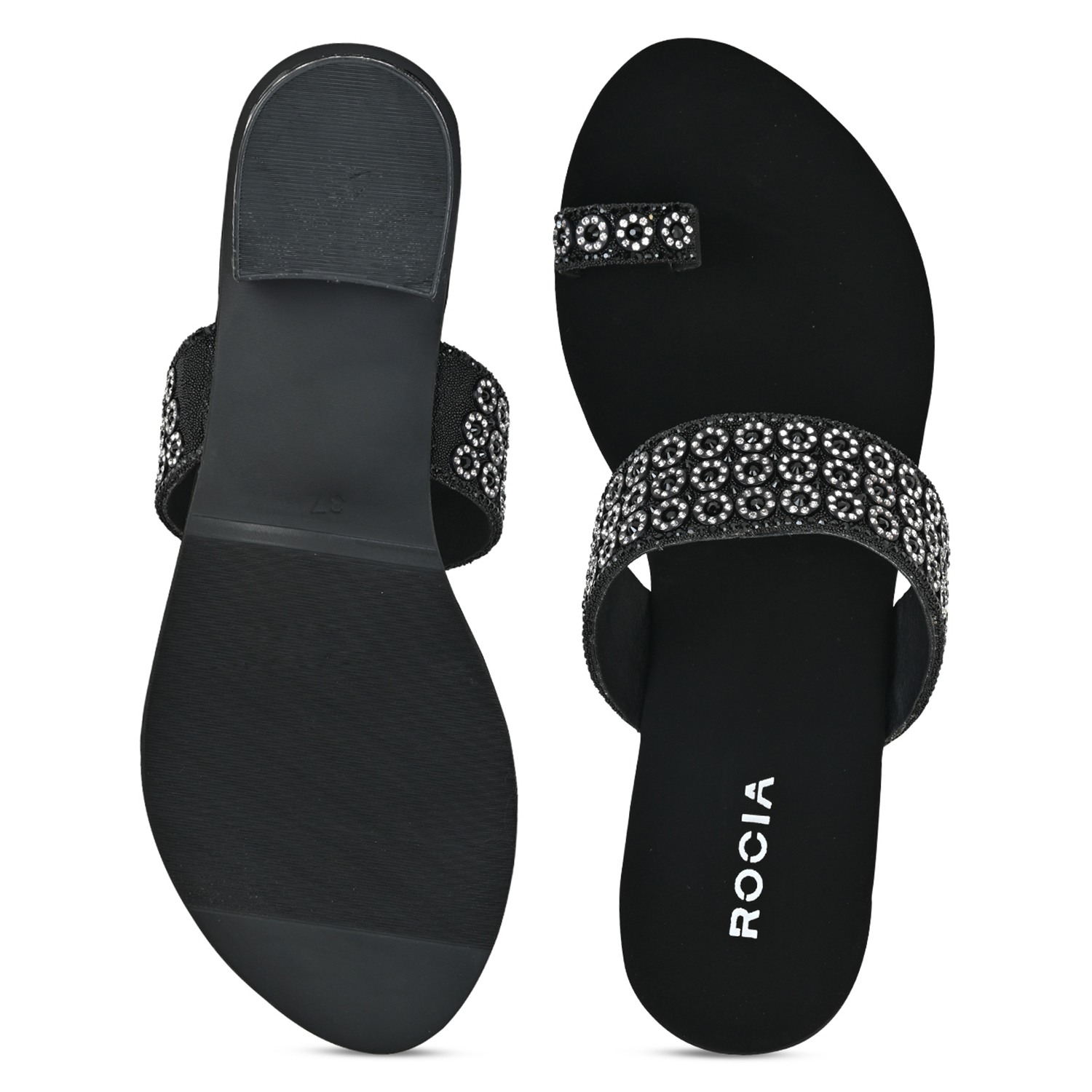 Black Women Diamond Embellished Box Heel Sandals