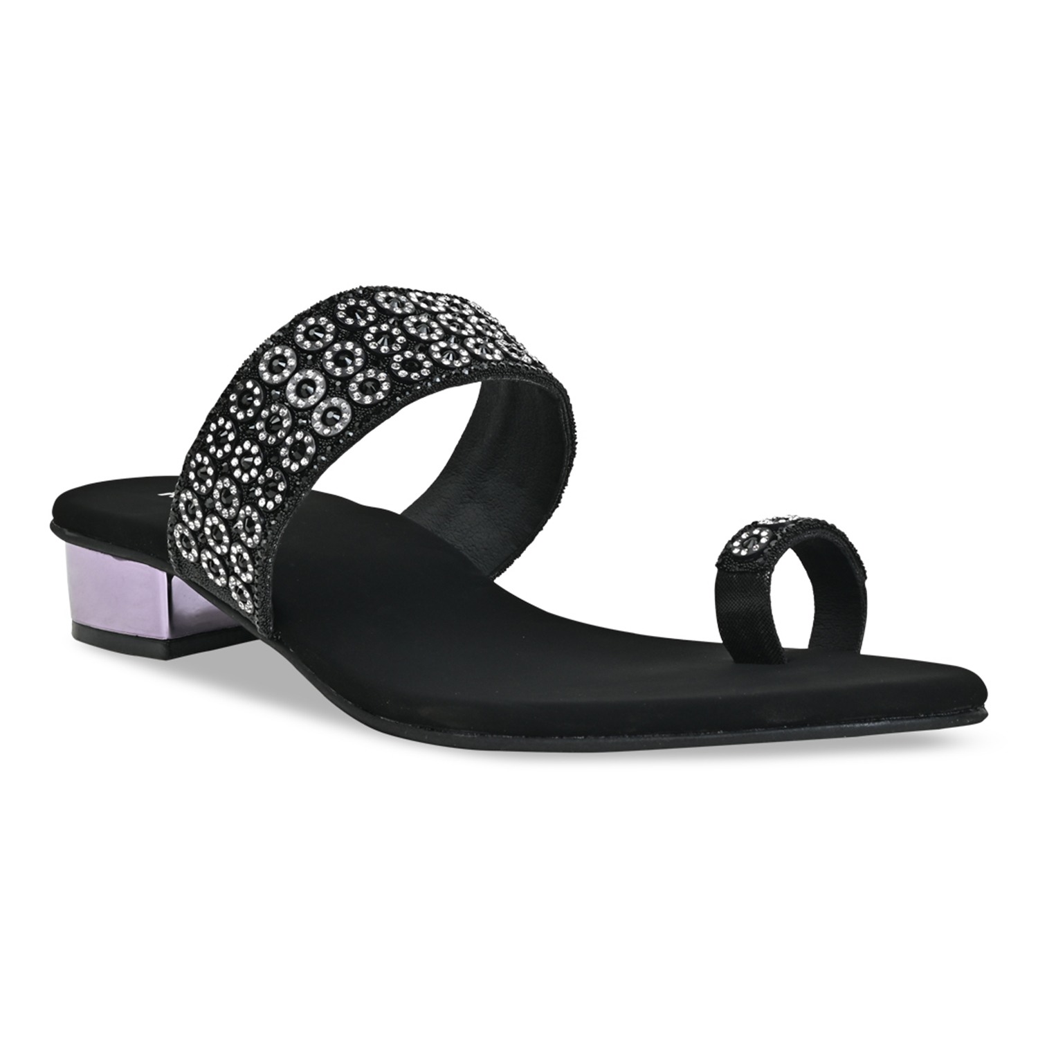 Black Women Diamond Embellished Box Heel Sandals