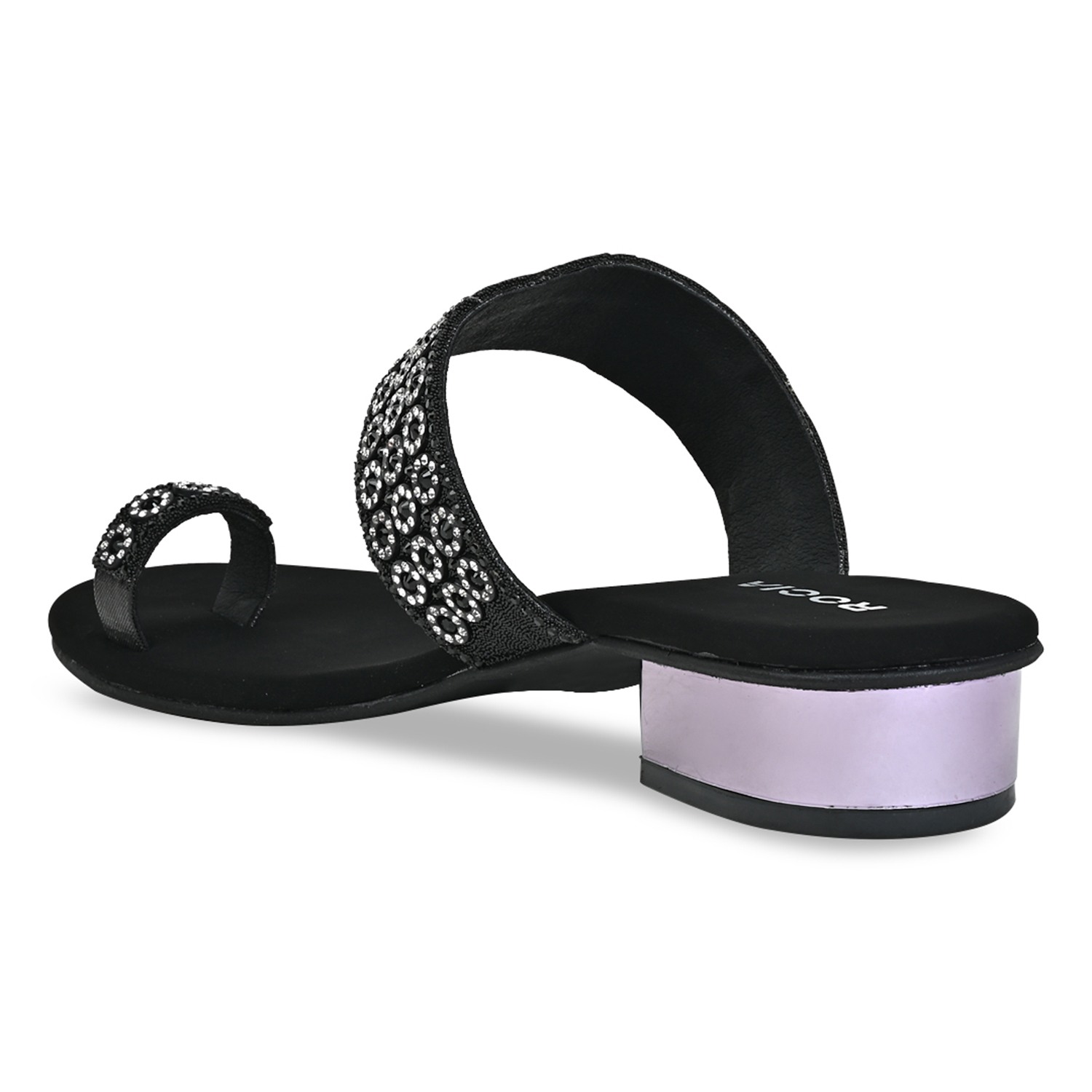 Black Women Diamond Embellished Box Heel Sandals