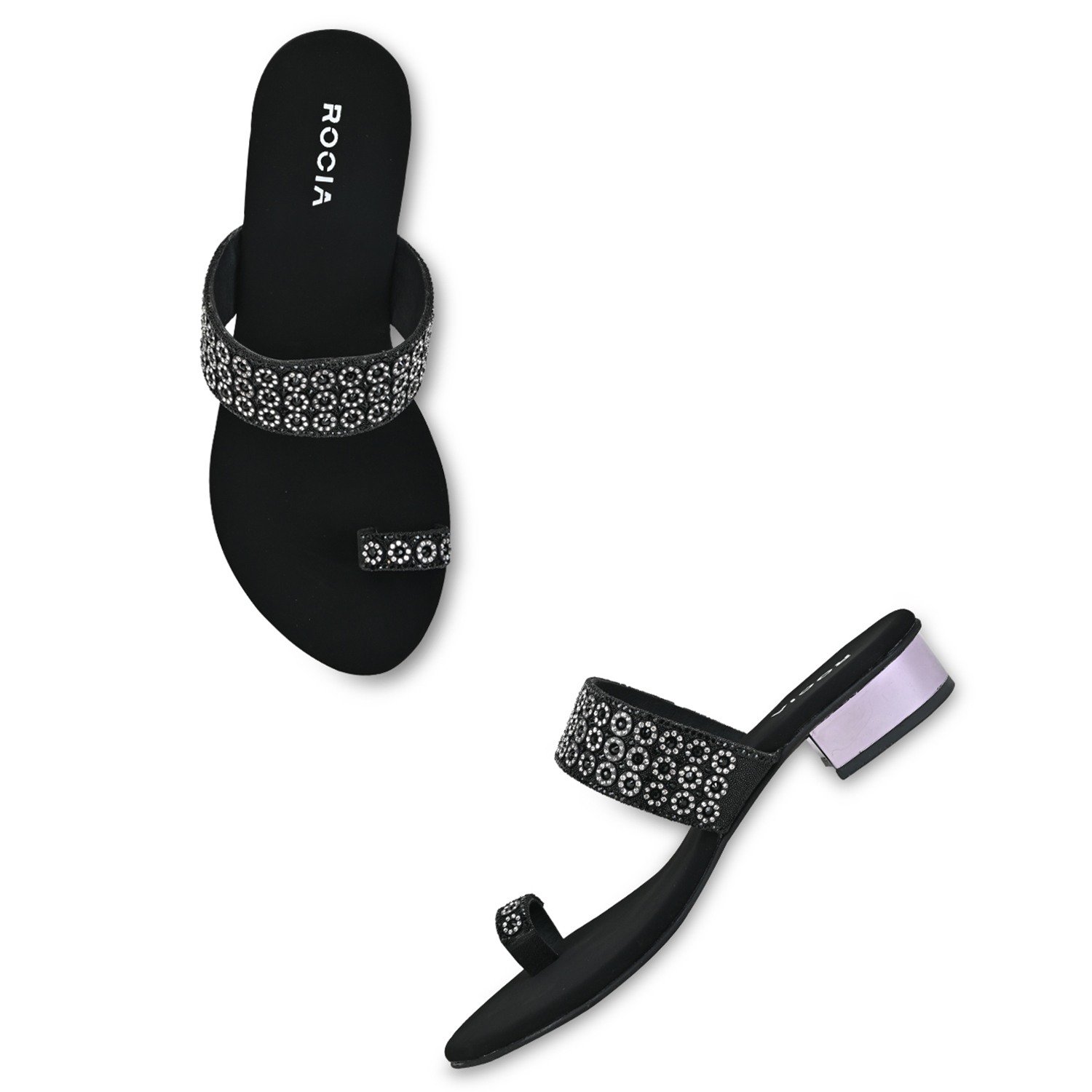 Black Women Diamond Embellished Box Heel Sandals