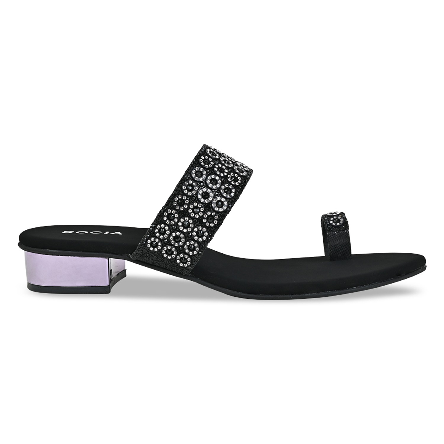 Black Women Diamond Embellished Box Heel Sandals