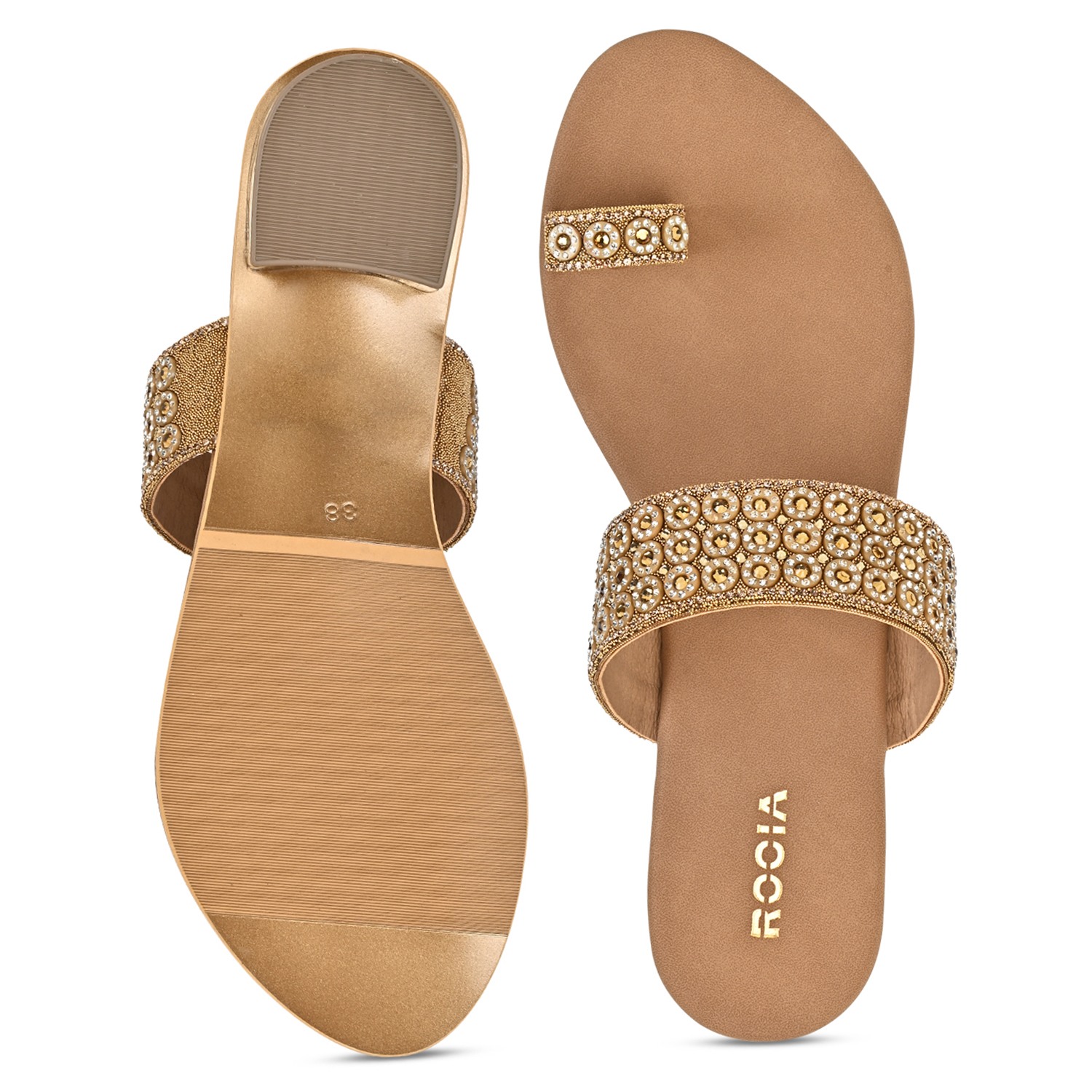 Antique Gold Women Diamond Embellished Box Heel Sandals