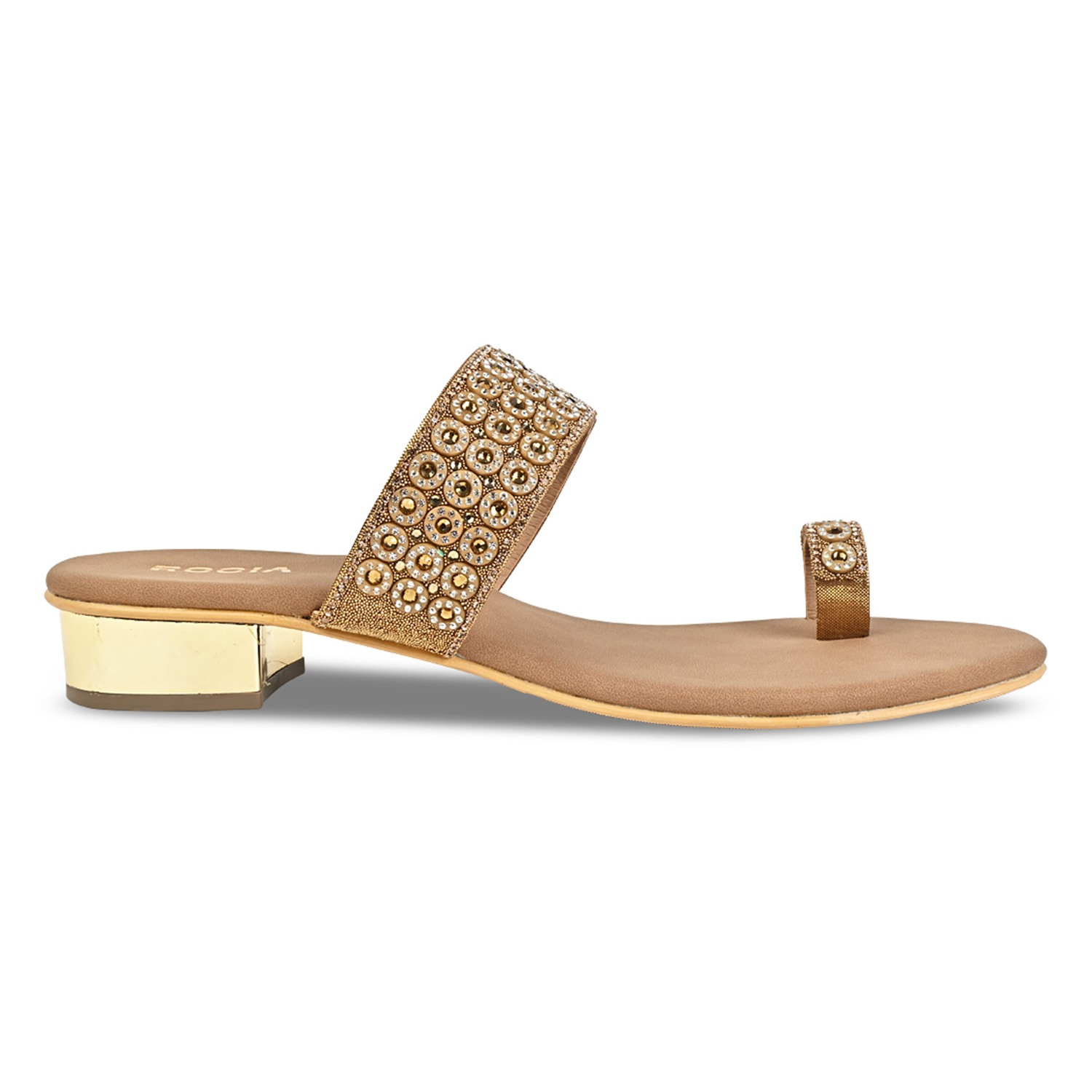 Antique Gold Women Diamond Embellished Box Heel Sandals