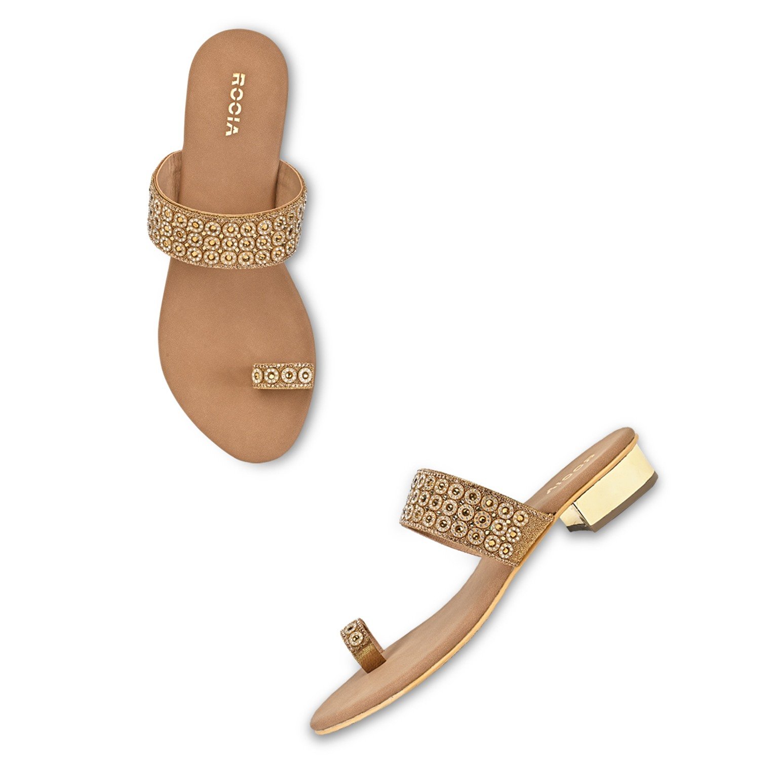 Antique Gold Women Diamond Embellished Box Heel Sandals