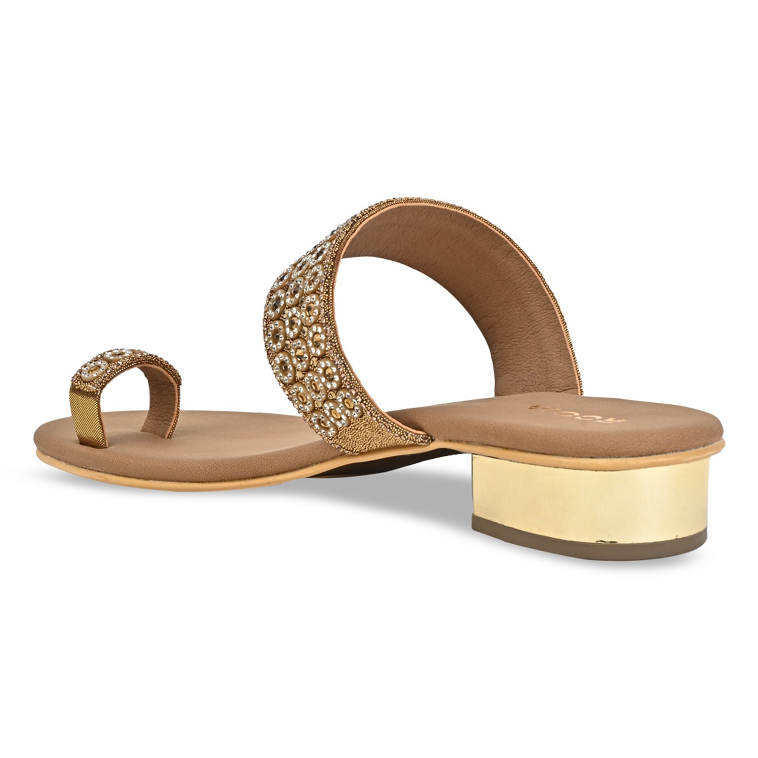Antique Gold Women Diamond Embellished Box Heel Sandals