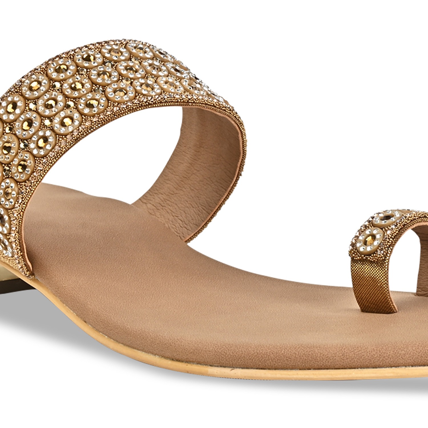 Antique Gold Women Diamond Embellished Box Heel Sandals