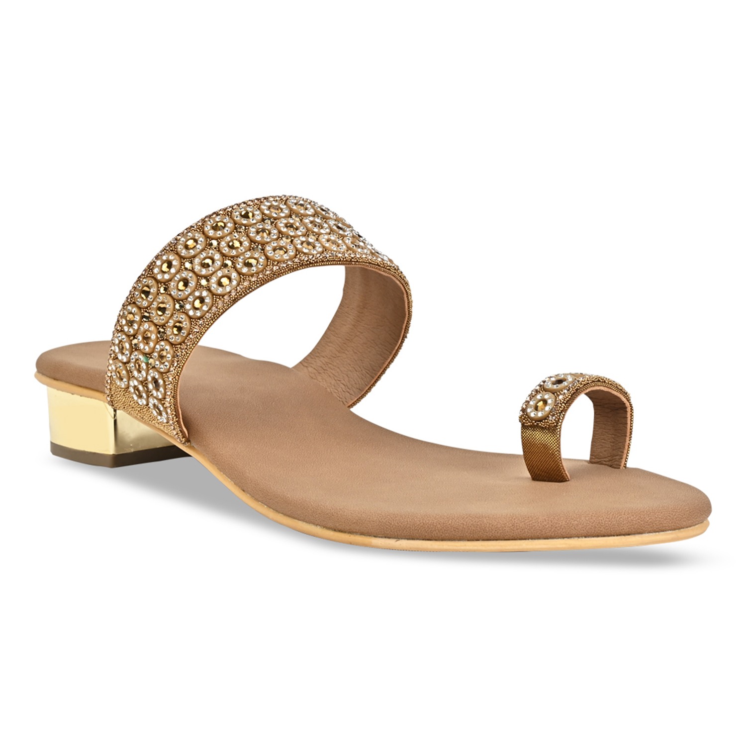 Antique Gold Women Diamond Embellished Box Heel Sandals