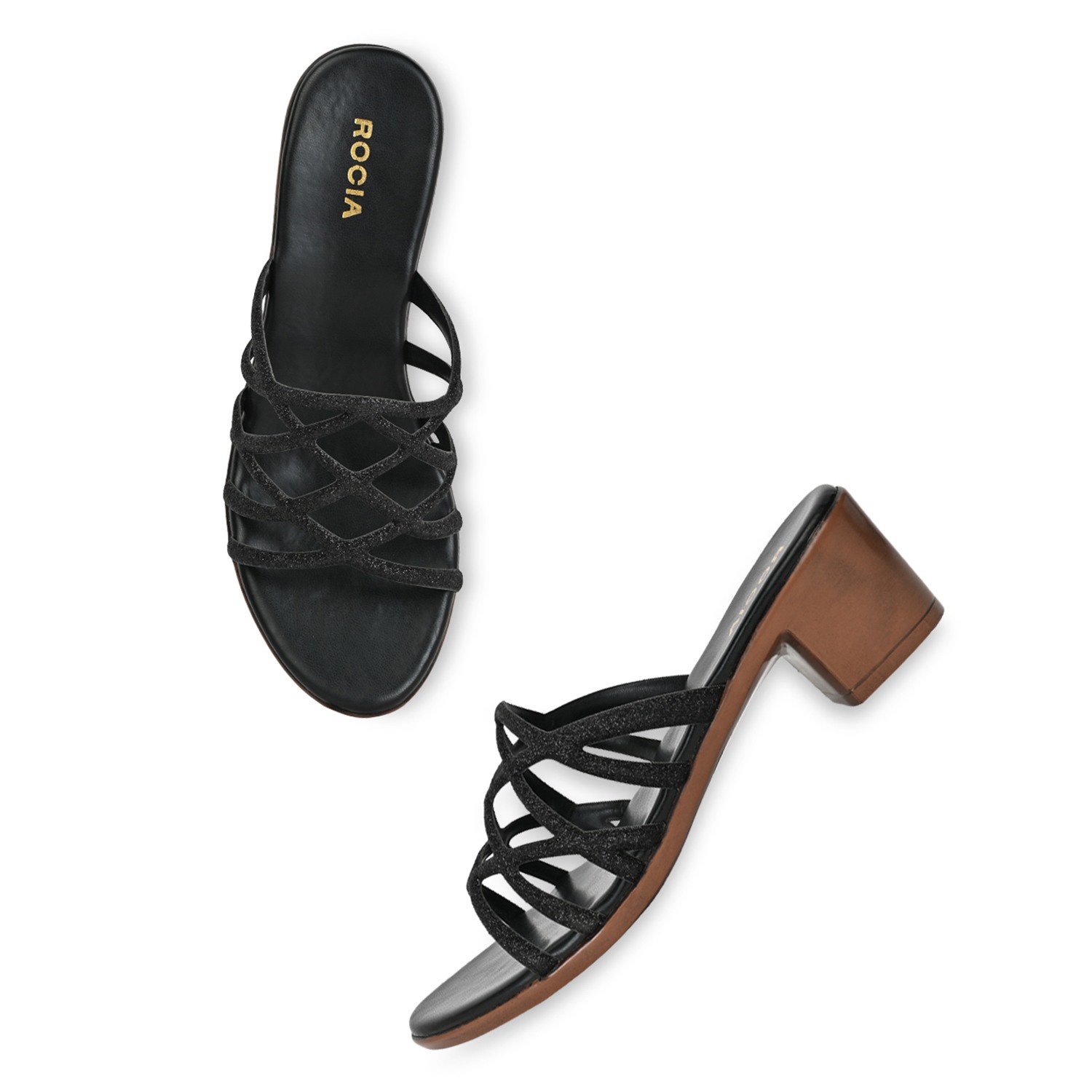 Black Women Shiny Strappy Block Heels