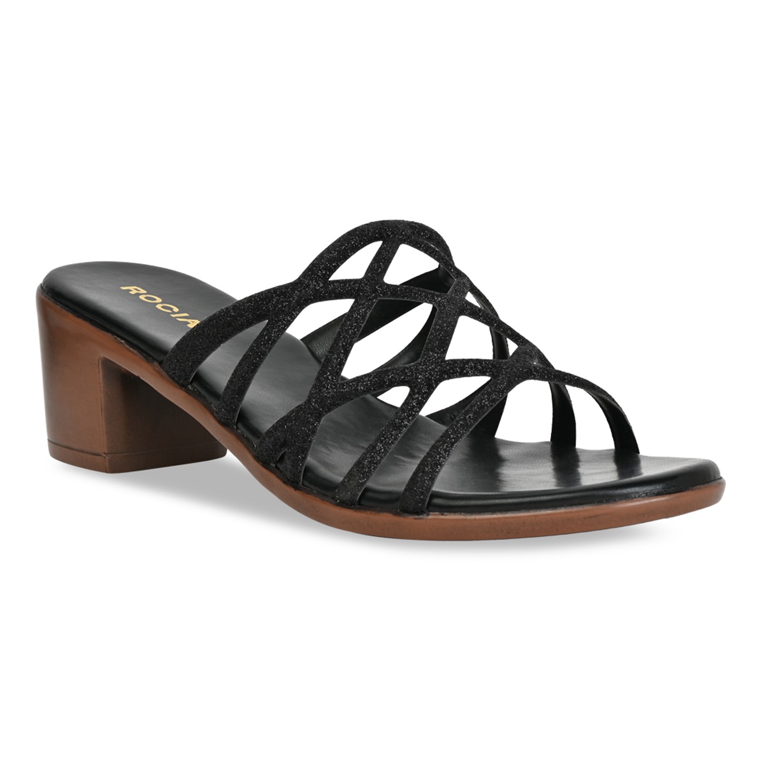 Black Women Shiny Strappy Block Heels