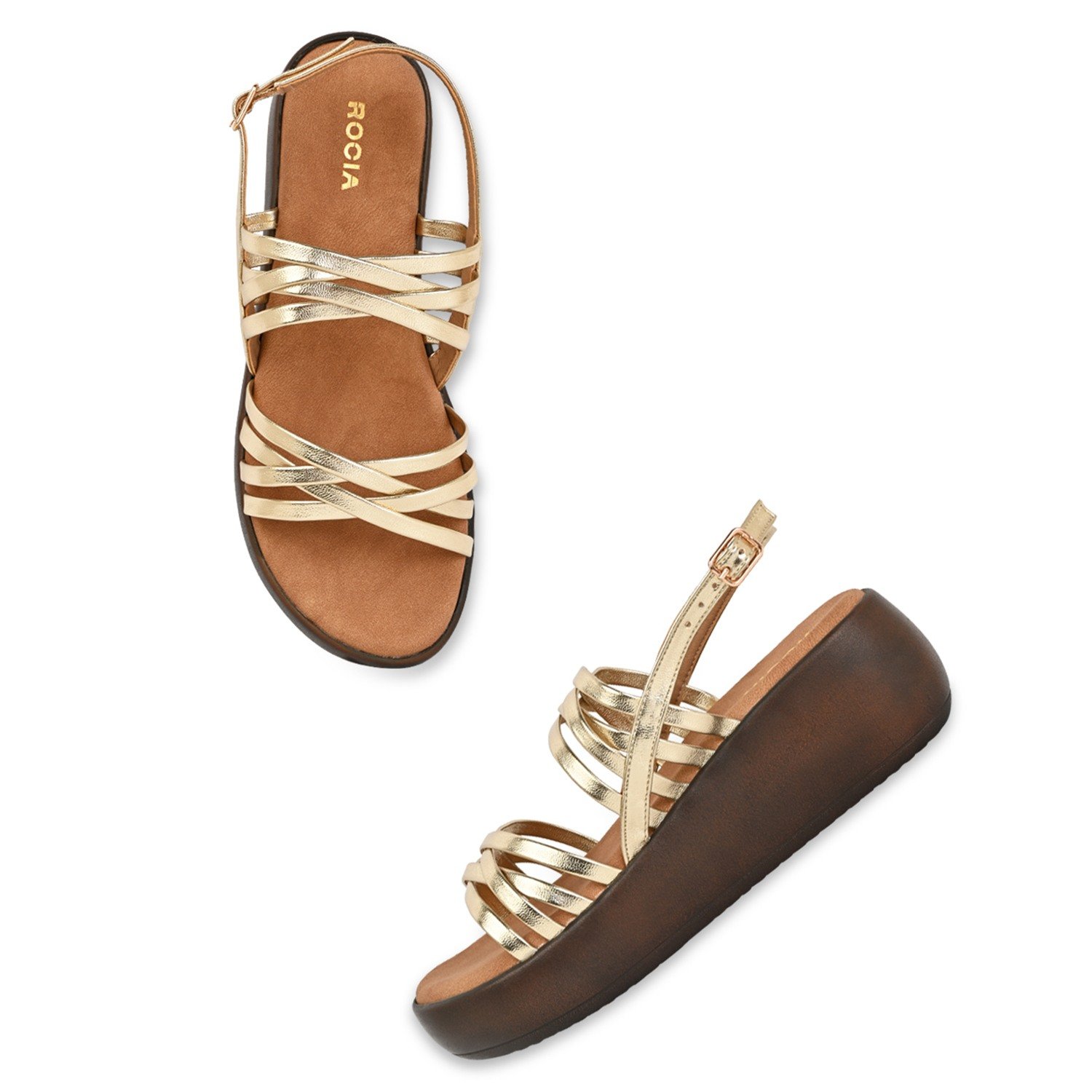 Gold Women Strappy Wedges