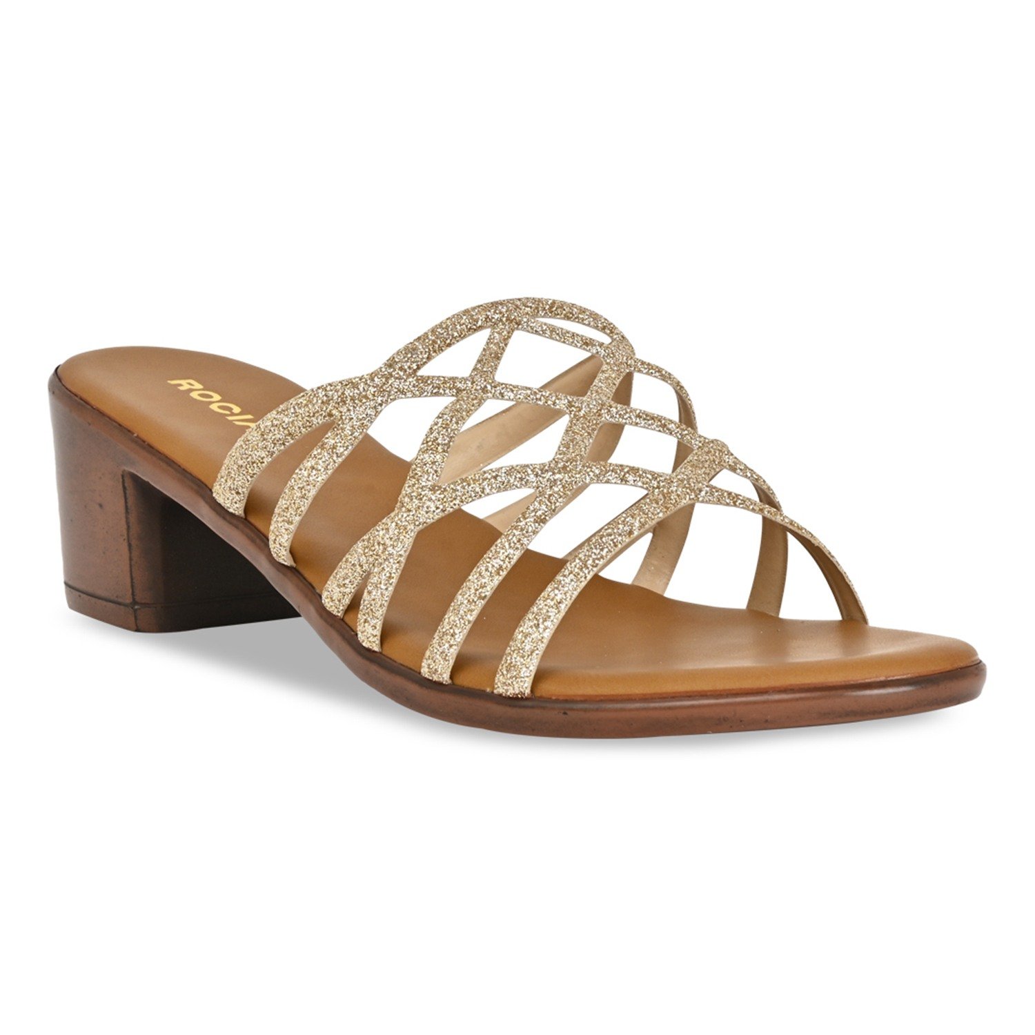 Gold Women Shiny Strappy Block Heels