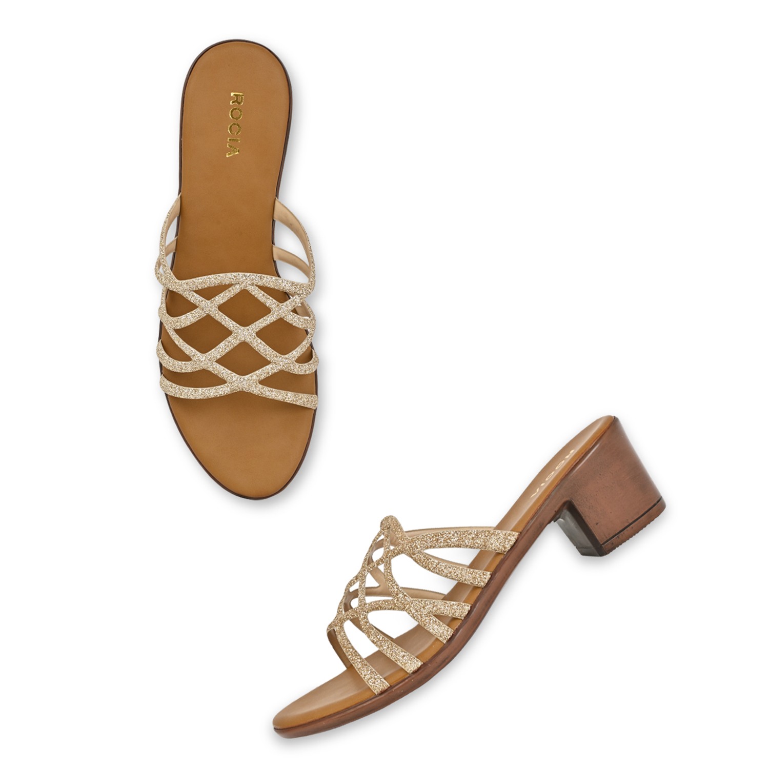 Gold Women Shiny Strappy Block Heels