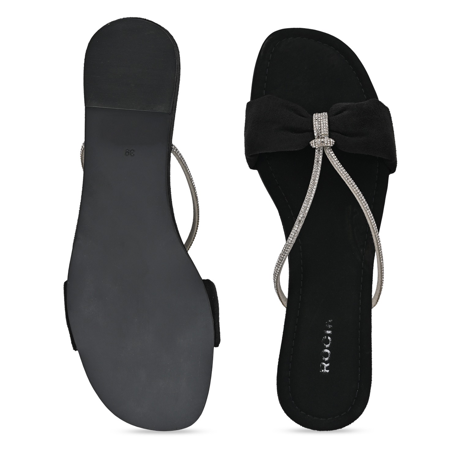 Black Women Diamante Strap Flats