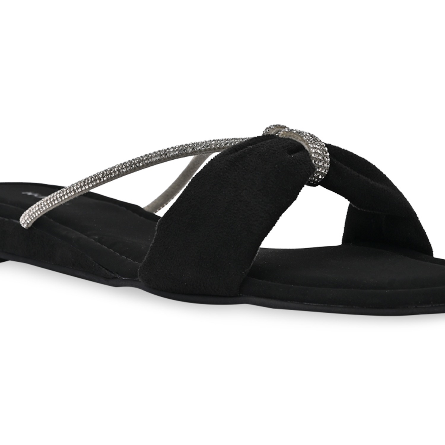 Black Women Diamante Strap Flats