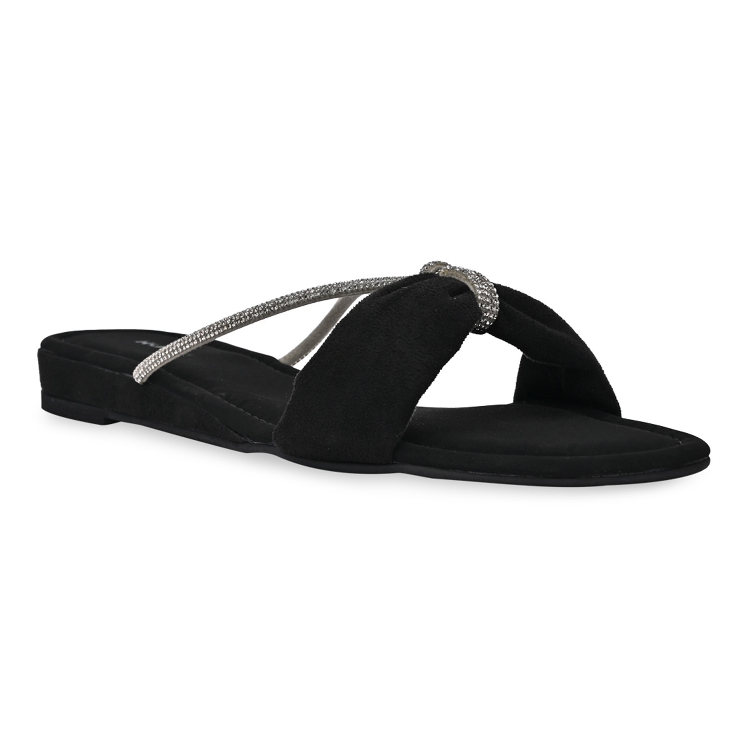 Black Women Diamante Strap Flats