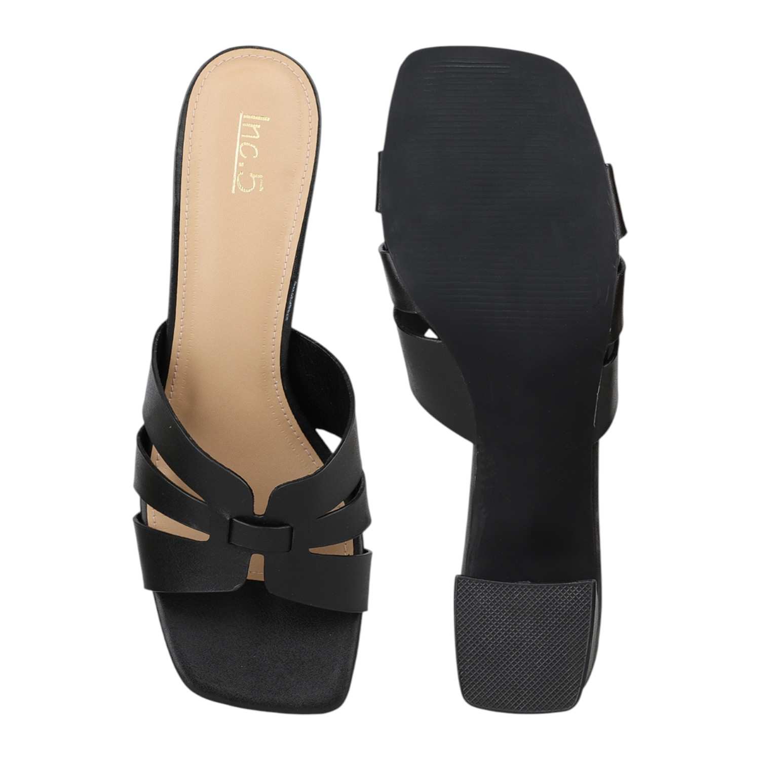 Women Black Interwoven Strap Block Heel Slides