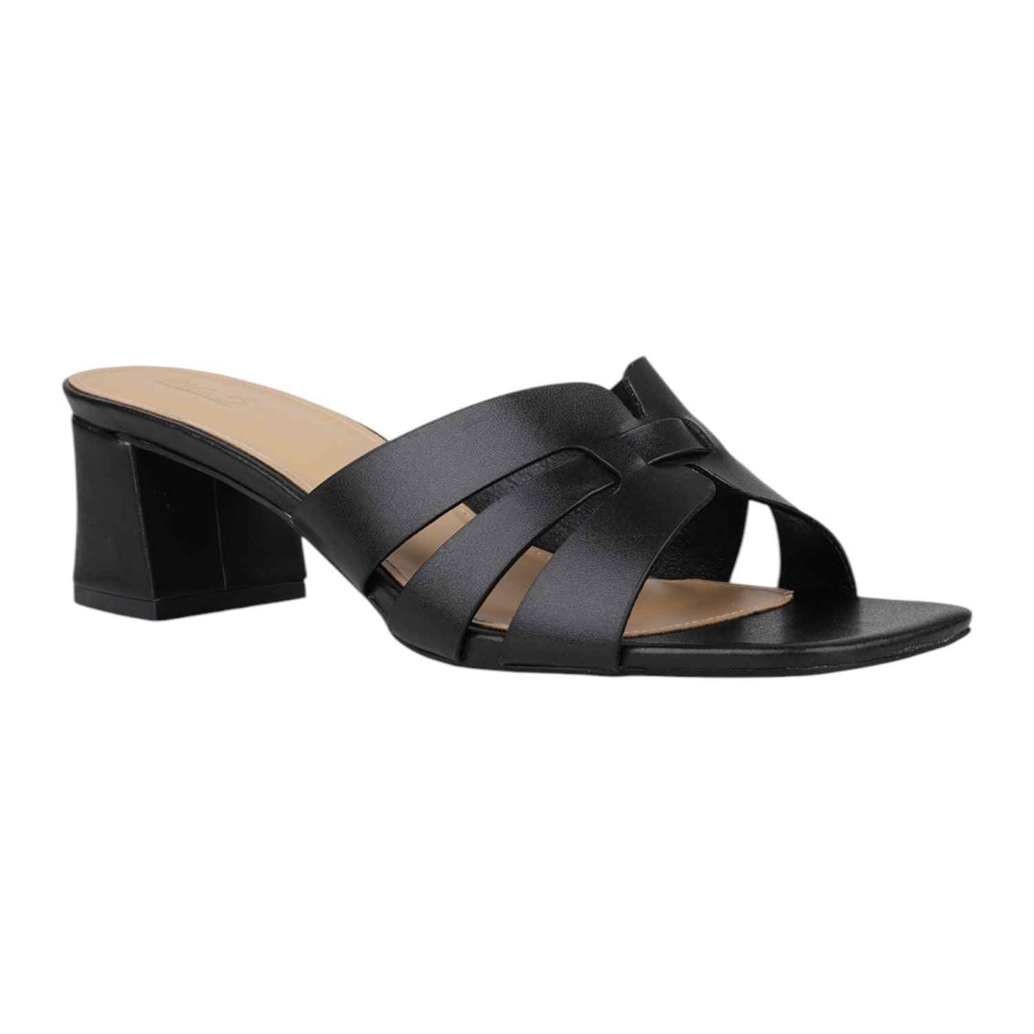 Women Black Interwoven Strap Block Heel Slides