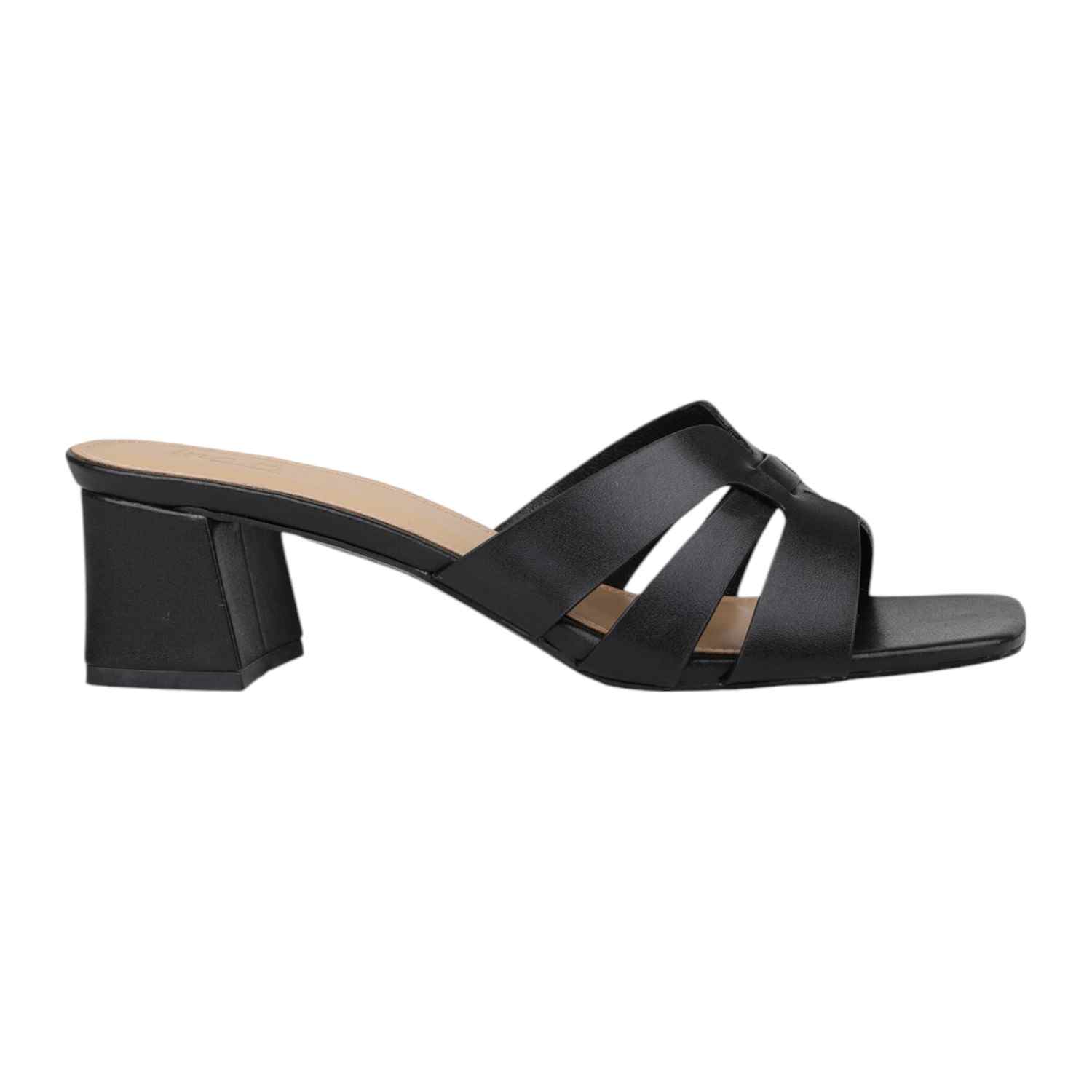 Women Black Interwoven Strap Block Heel Slides