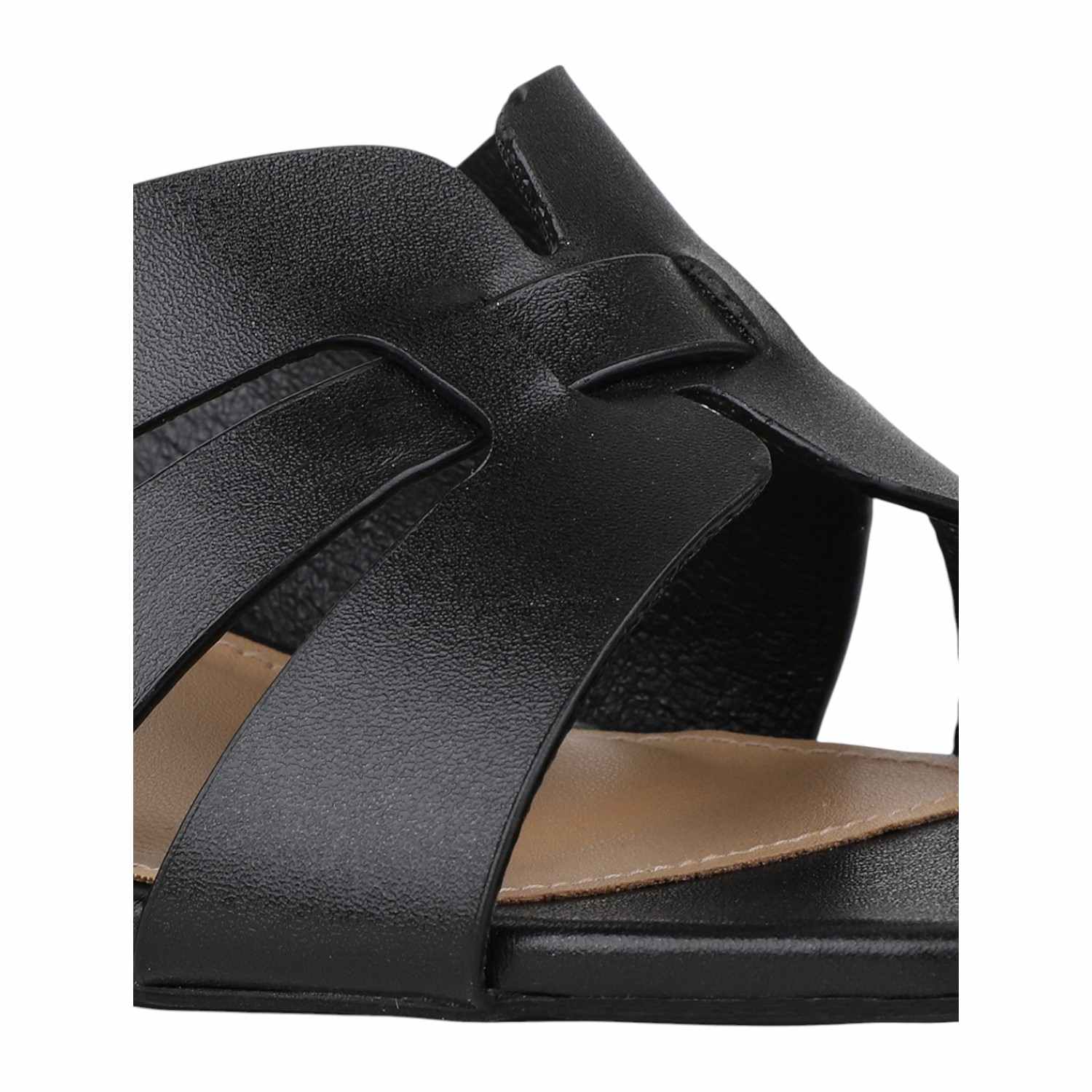 Women Black Interwoven Strap Block Heel Slides