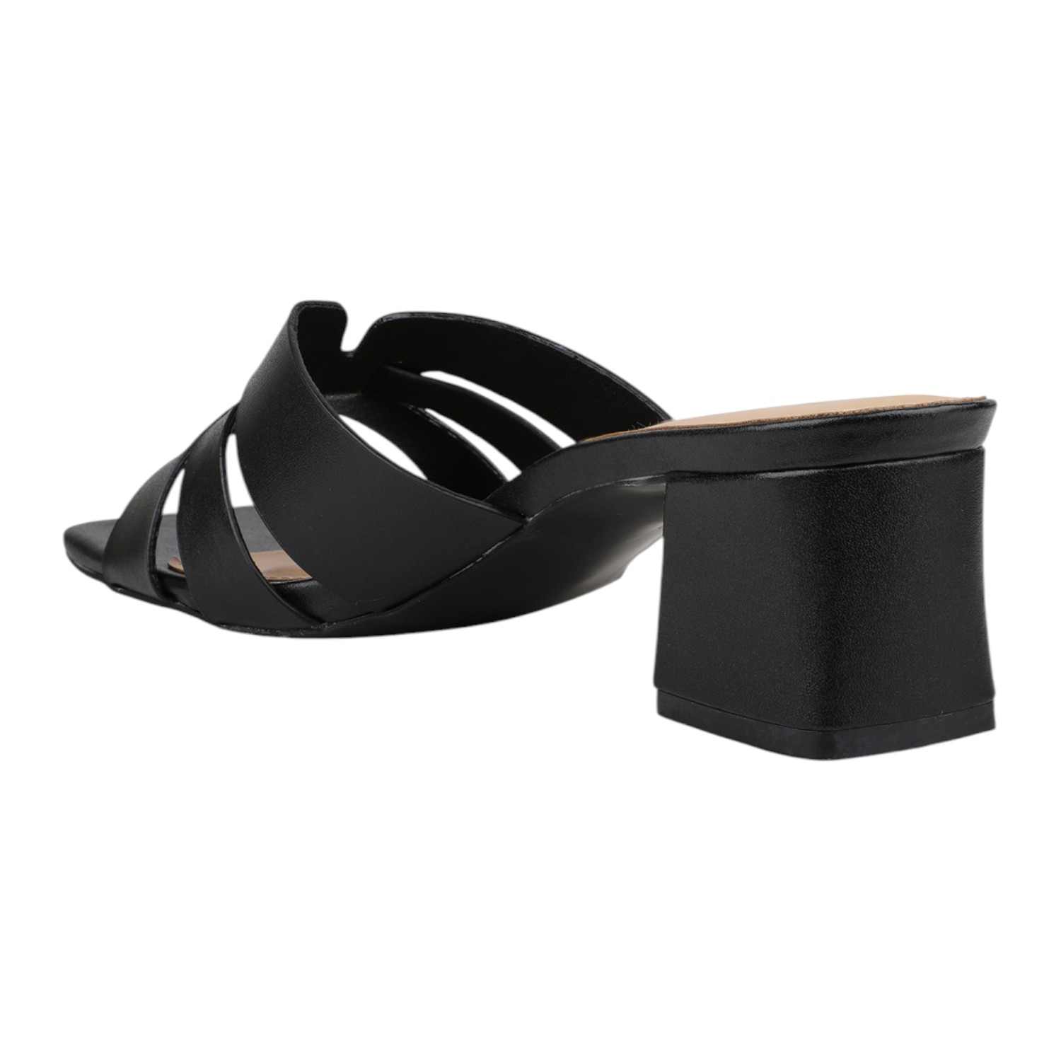 Women Black Interwoven Strap Block Heel Slides
