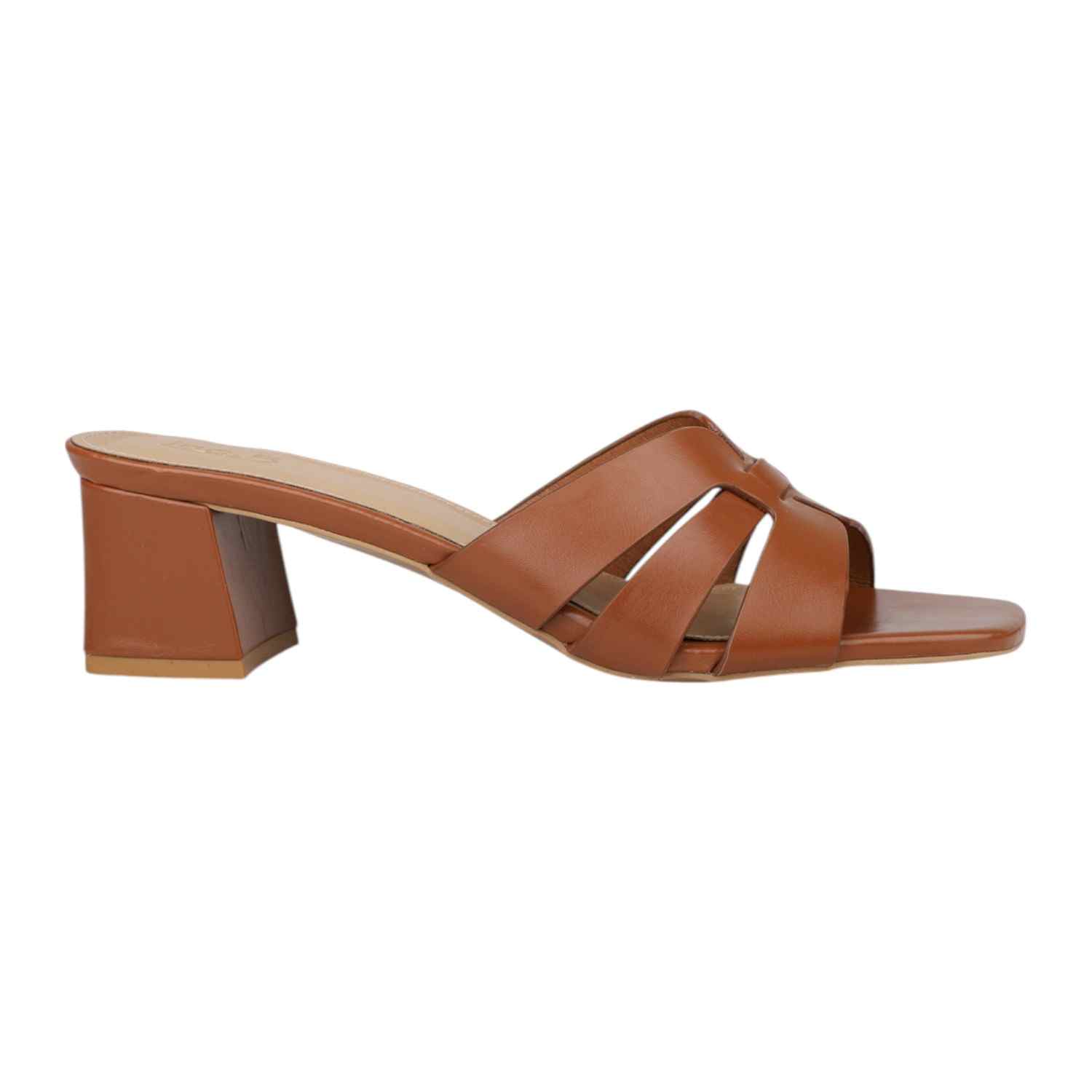Women Tan Interwoven Strap Block Heel Slides