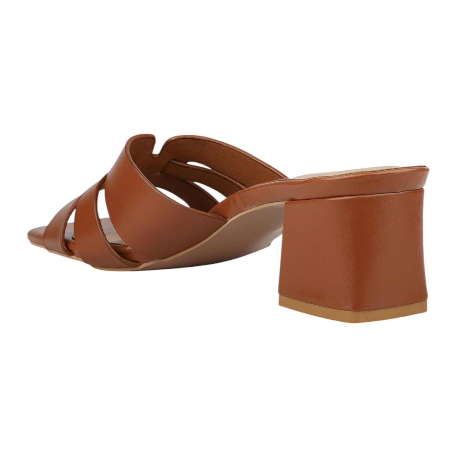 Women Tan Interwoven Strap Block Heel Slides
