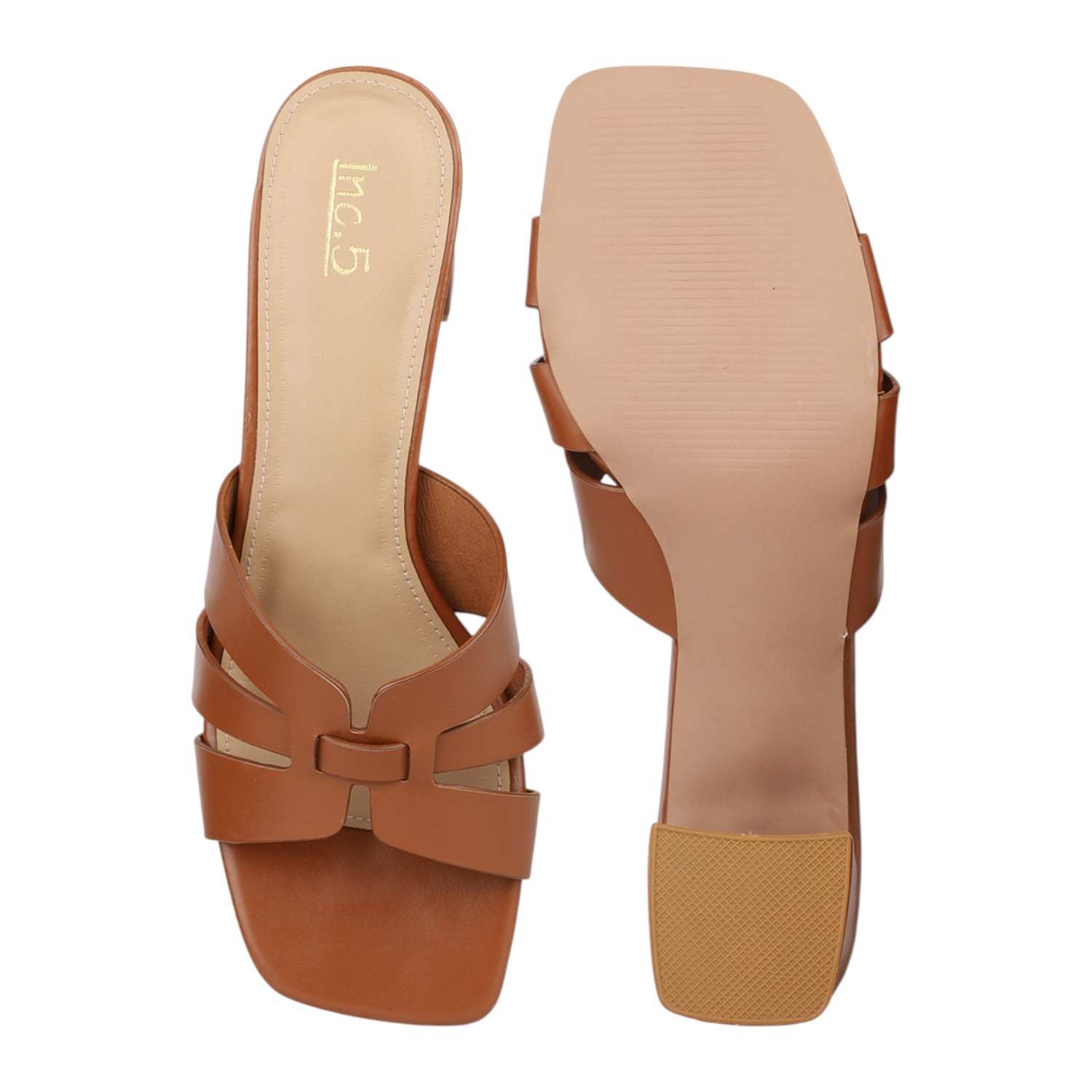 Women Tan Interwoven Strap Block Heel Slides