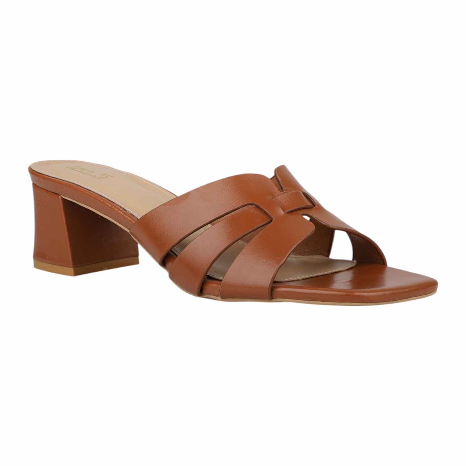 Women Tan Interwoven Strap Block Heel Slides