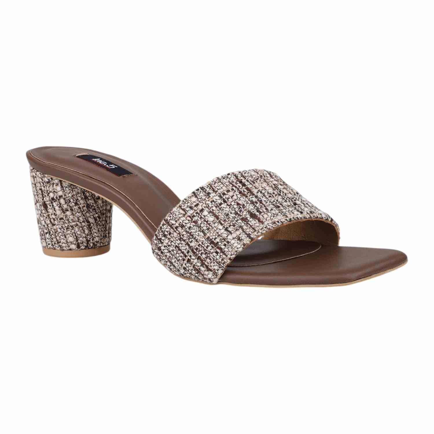 Women Brown & Beige Tweed Print Block Heel Mules