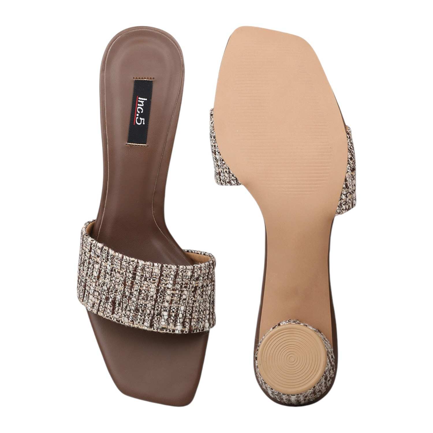 Women Brown & Beige Tweed Print Block Heel Mules