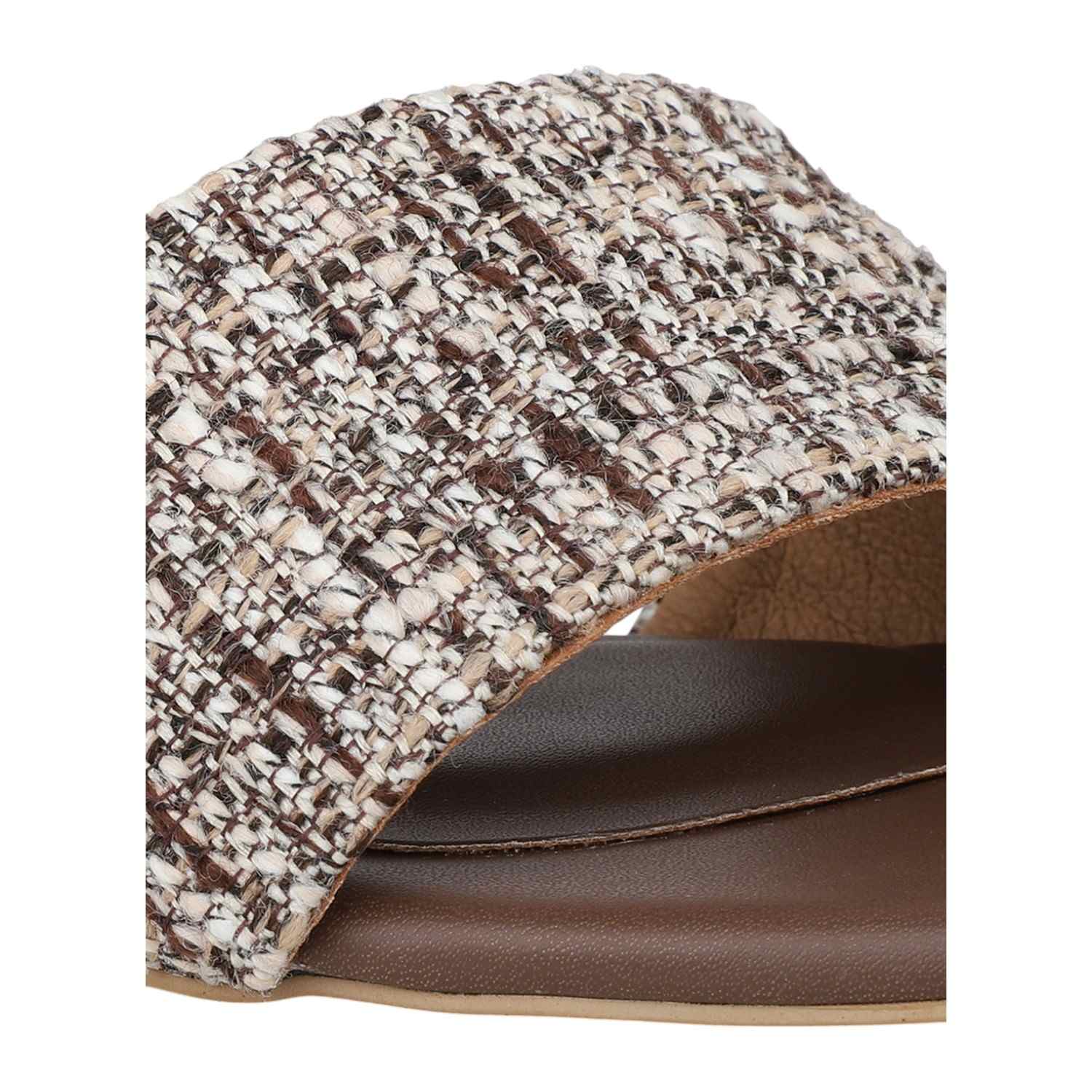 Women Brown & Beige Tweed Print Block Heel Mules