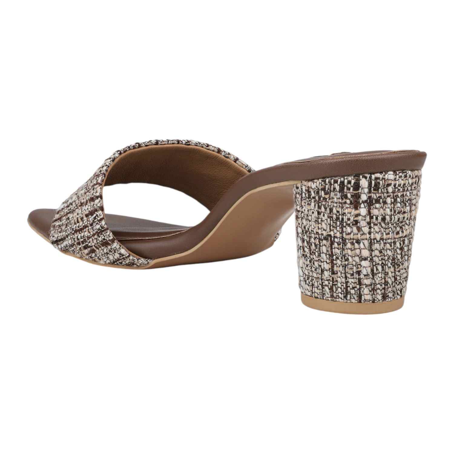 Women Brown & Beige Tweed Print Block Heel Mules