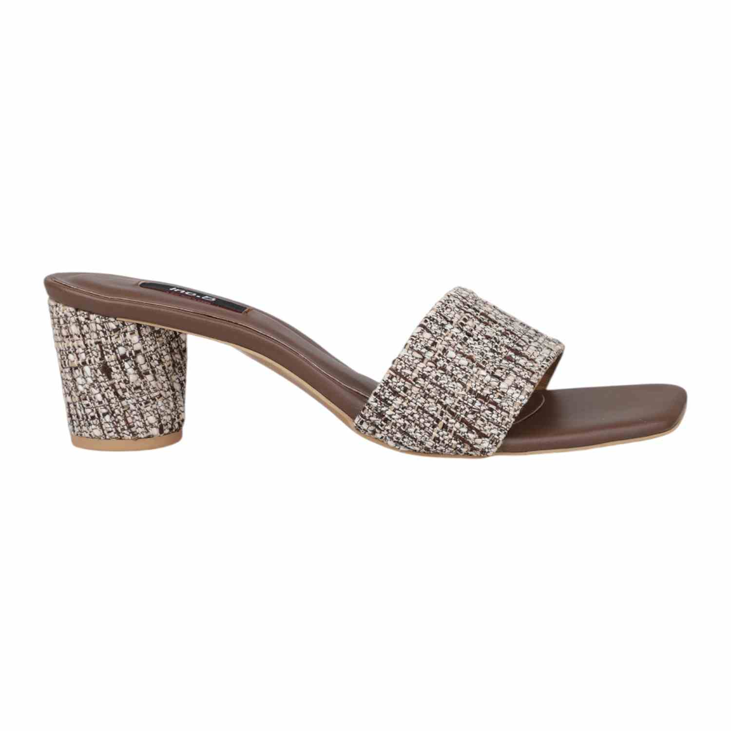 Women Brown & Beige Tweed Print Block Heel Mules