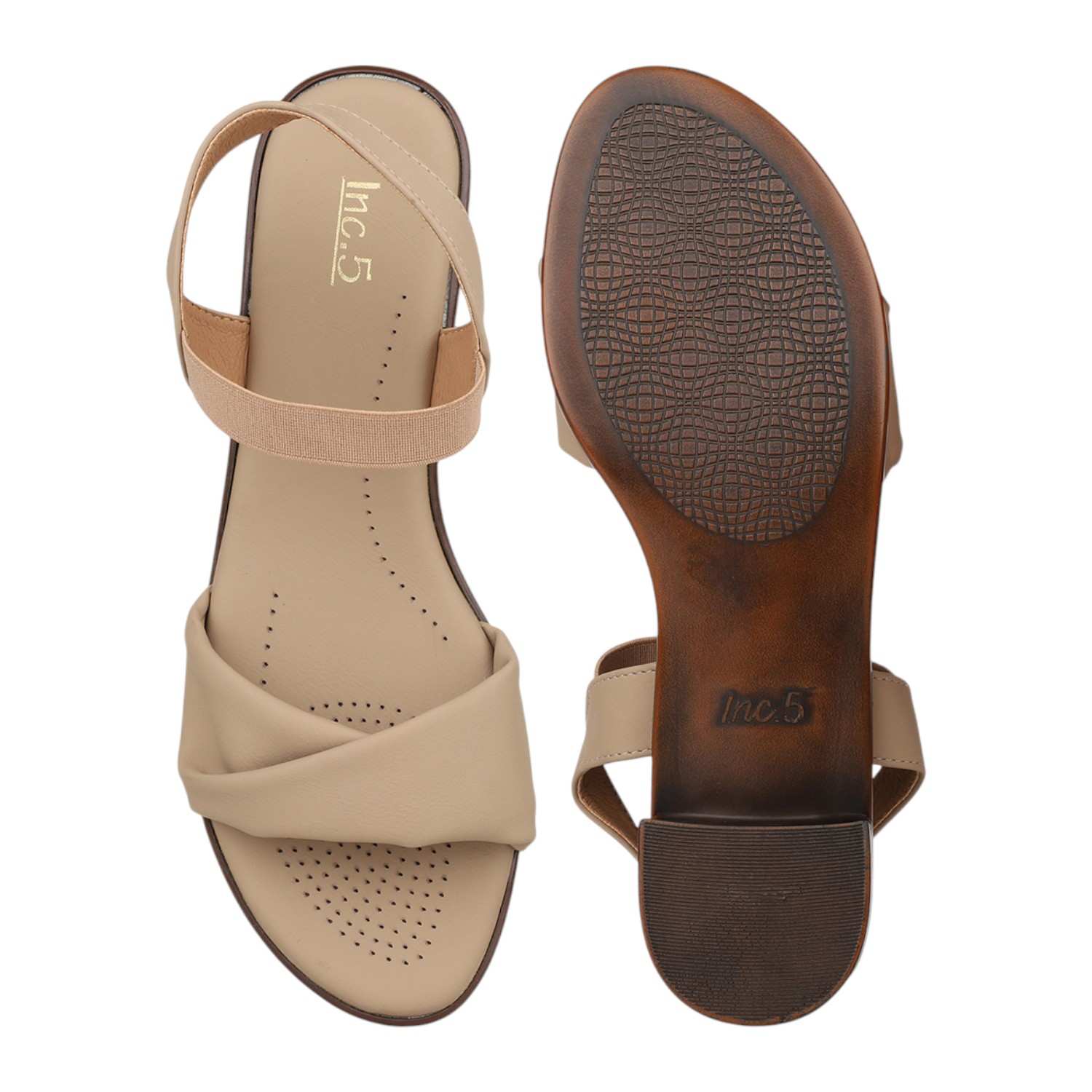 Women Chikoo Ruched Strap Block Heel Sandals