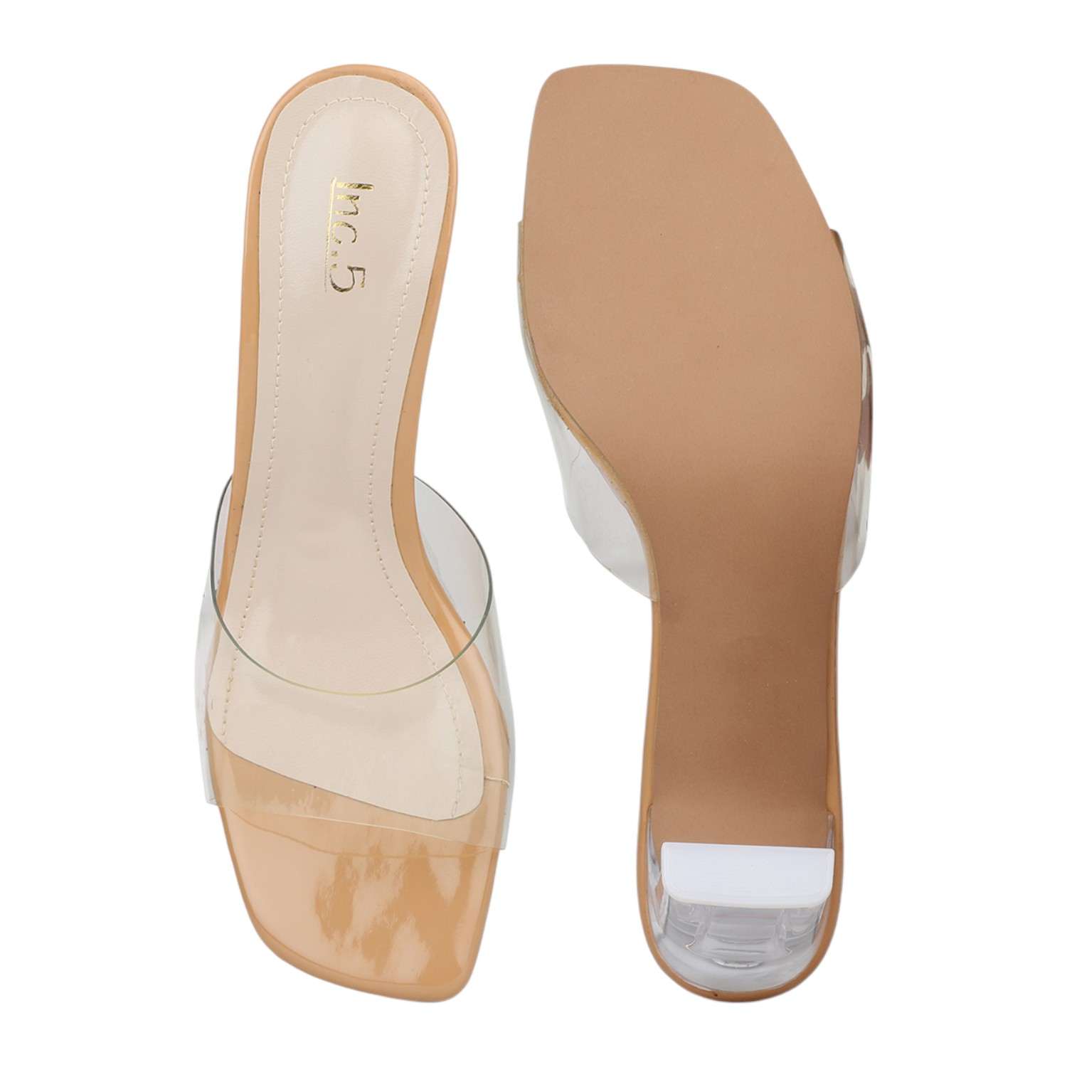 Women Beige Transparent Strap Block Heel Slides