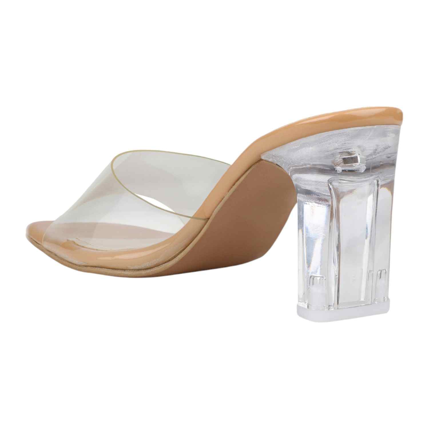 Women Beige Transparent Strap Block Heel Slides