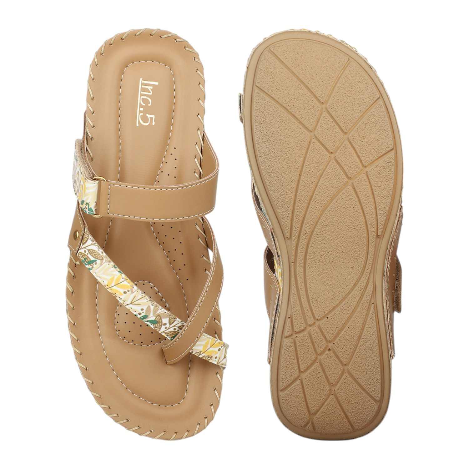 Women Beige Printed Strap Toe-Ring Flat Sandals