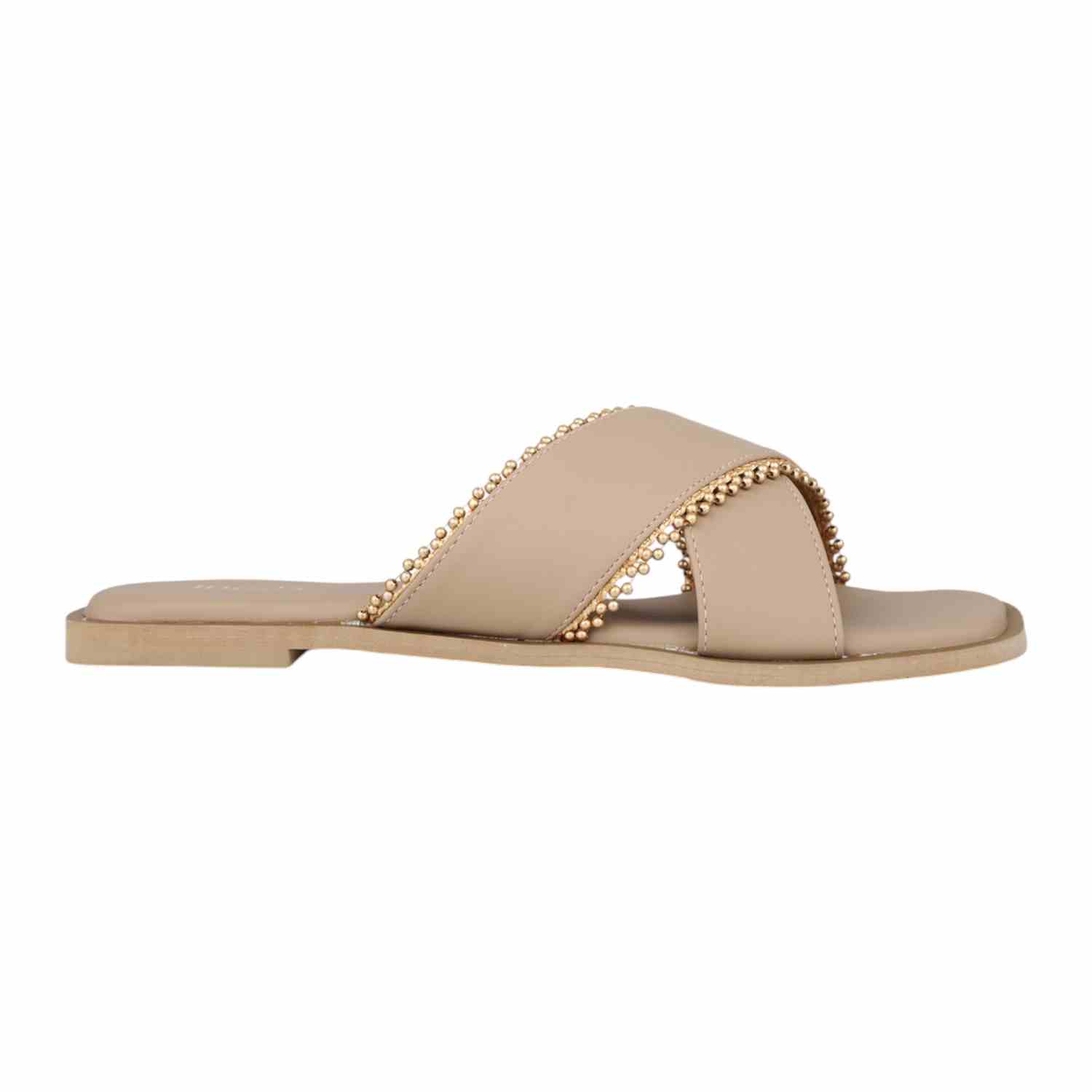 Women Beige Flat Slide Sandals with Gold Bead Trim