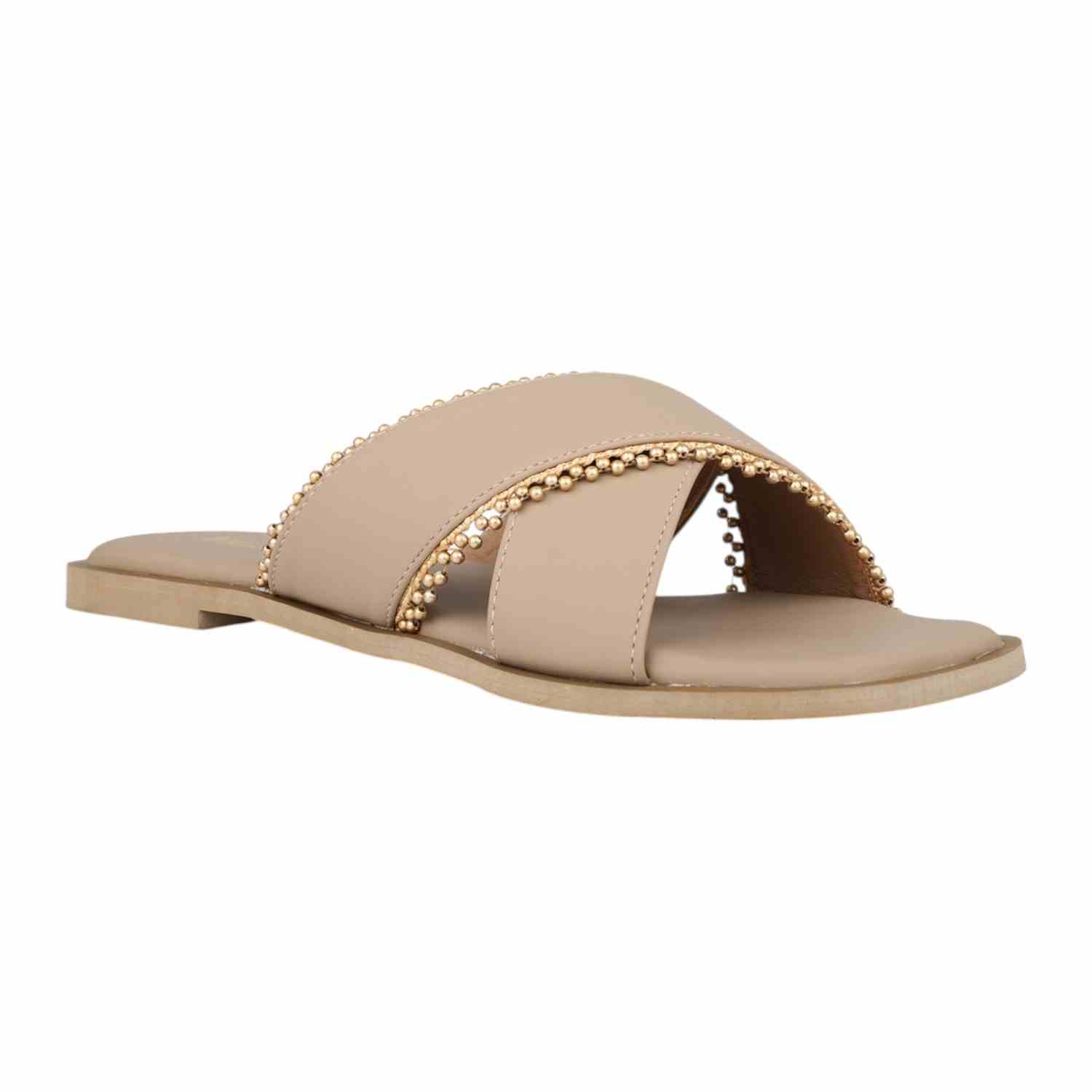 Women Beige Flat Slide Sandals with Gold Bead Trim